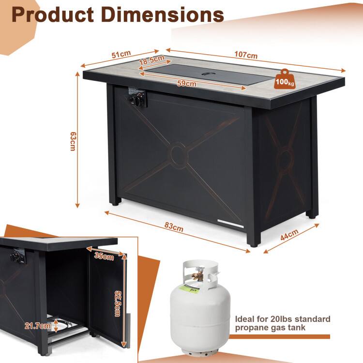 Product Dimensions  
51cm x 18.5cm x 107cm x 59cm x 100kg x 63cm x 35cm x 83cm x 44cm x 21.7cm x 52.5cm  
Ideal for 20lbs standard propane gas tank