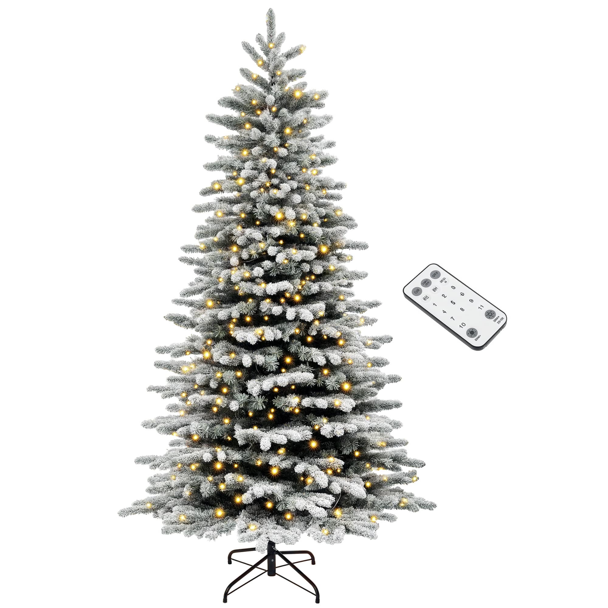 Homcom - 7.5ft Pre-Lit Mountain Pine Snow Flocked Tree, 500 Dual LEDs 1264 Tips Remote - Green