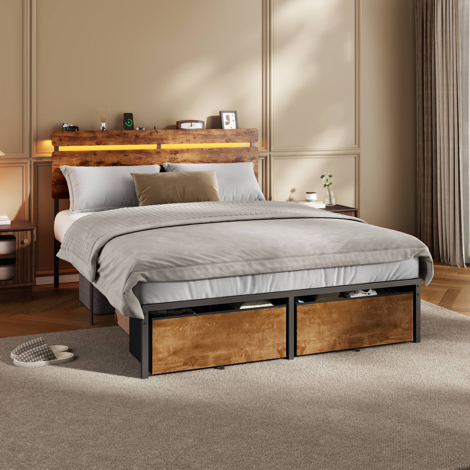 Angle. Furnulem - Platform Bed with 2 Drawers and Open Storage Headboard Adjustable LED Light and Charging Station - Brown.