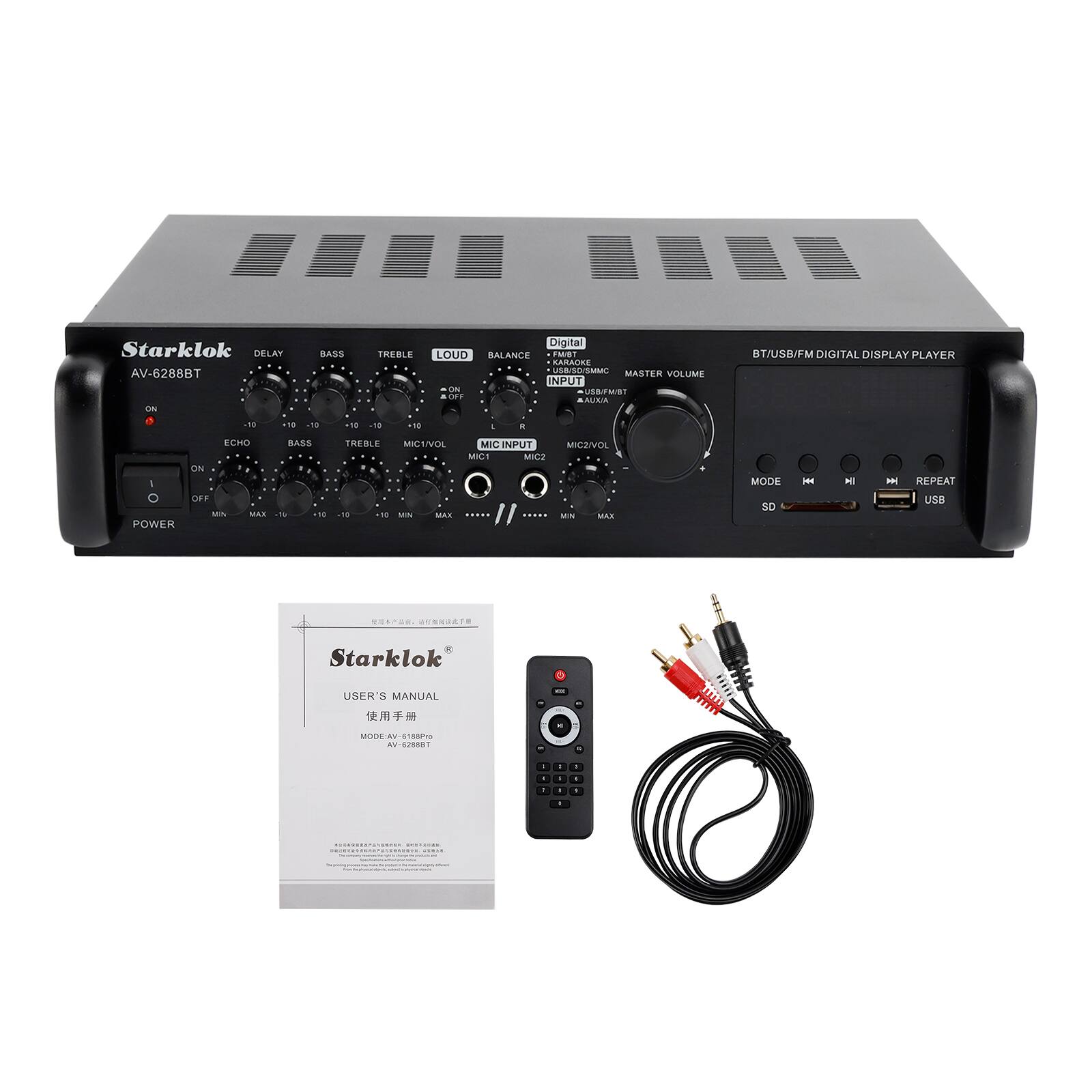Starklok AV-6288BT as BASS TREBLE Digital LOUD BALANCE Fe BARACNE USA/SO/SMME MASTER VOLUME NPUT On USSrWST OPs AURIA BT/USB/FM DIGITAL DISPLAY PLAYER -7 118 18 /8  18 . . ECHO BASS ON 1 OET -. MAX  1N POWER TREBLE MIELVOL MIC INPUT MICT MDE -1 018 MN i .... MICS/VOL - MAX MODE SD I + H REPEAT USB CSN -. Starklok USER'S MANUAL  MODE 2 8188 ae 828881 - . . . . .