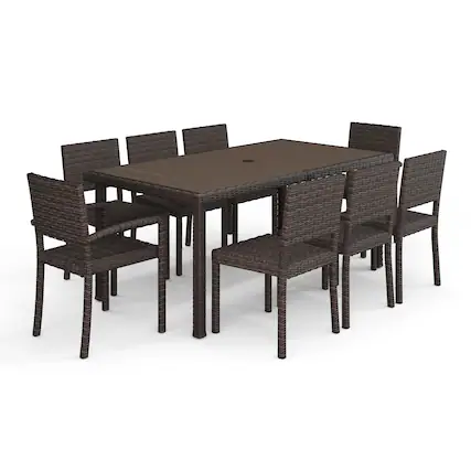 Front. Martha Stewart - Bedford 9pc Outdoor Rattan Wicker Patio Dining Set with 8 Stack Chairs and 71" Table - Brown.