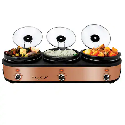 Front. MegaChef - MegaChef Triple 2.5 Quart Slow Cooker Buffet Server in Brushed Copper and Black Finish - Copper.