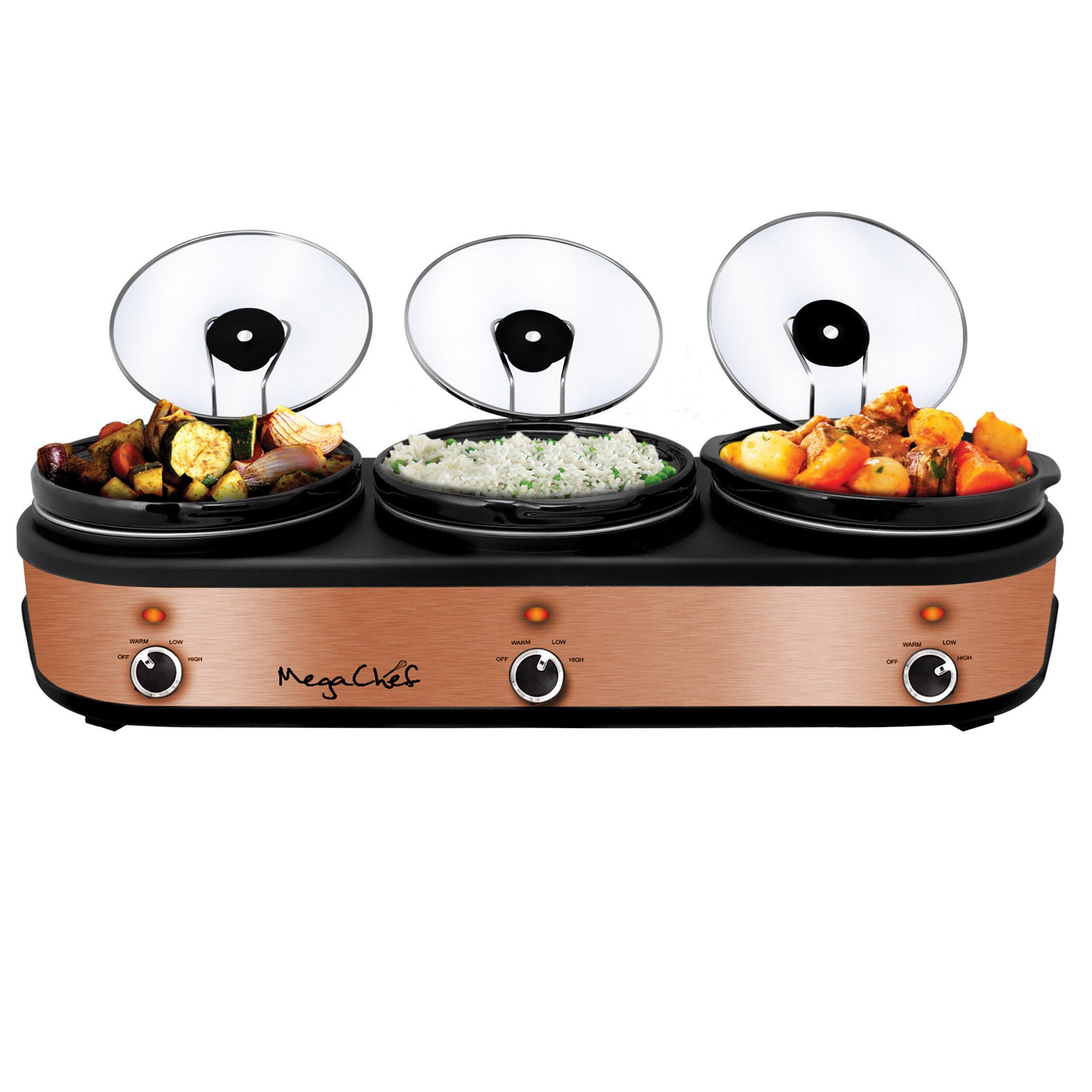 MegaChef - Triple 2.5 Quart Slow Cooker Buffet Server in Brushed and Black Finish - Copper