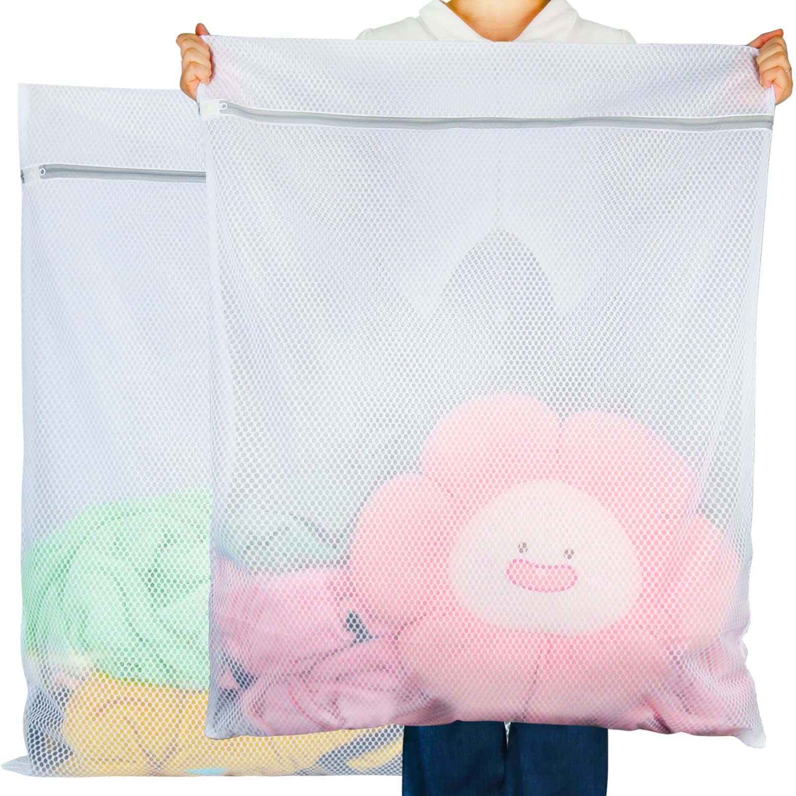 Front. DORLUKFU - Extra Large Mesh Laundry Bag, 2 Pack XXL Oversize Honeycomb Mesh Wash Bags for Washing Machine, Coats, Stuffed Toys, - White.