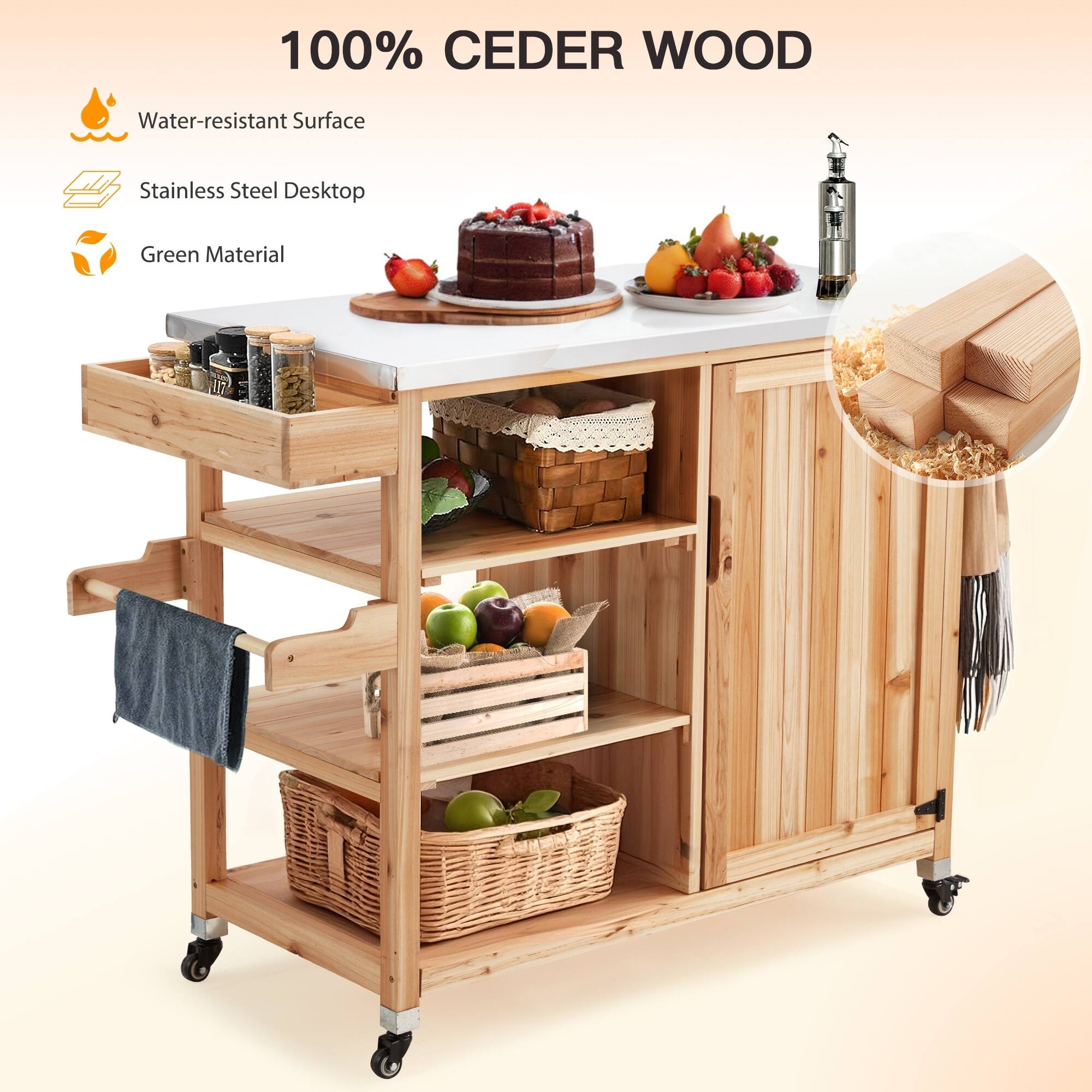 100% CEDER WOOD

- Water-resistant Surface
- Stainless Steel Desktop
- Green Material