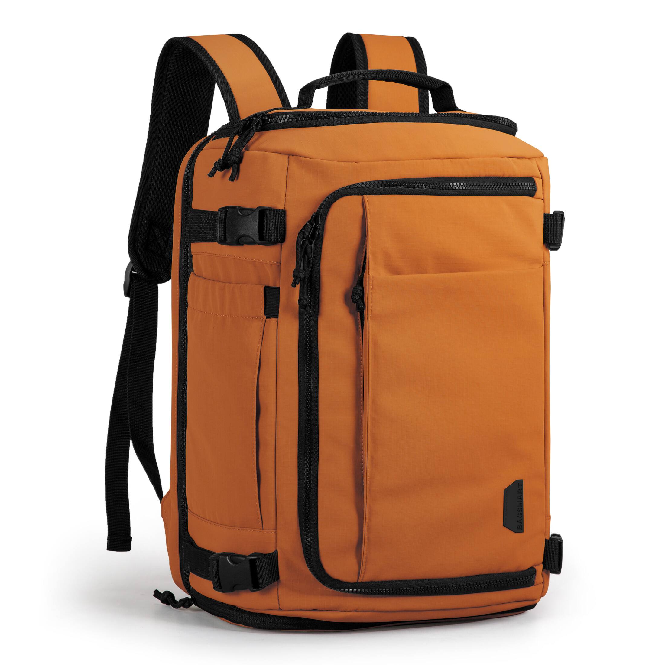 Left. Bagsmart - Blast 38L Expandable Travel Backpack, Flight Approved Carry On Laptop Backpack with USB Port for Men Women - Orange.