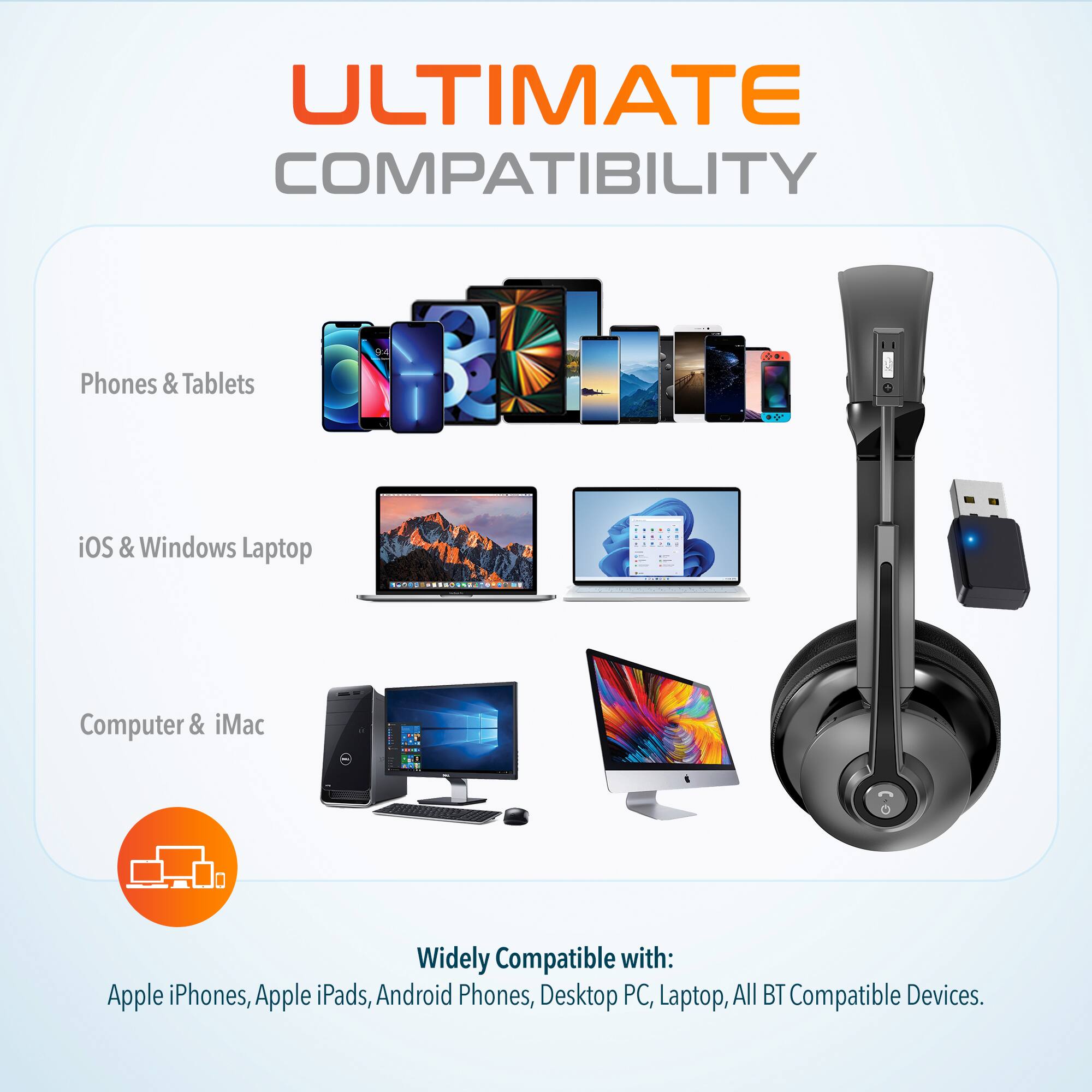 Phones & Tablets
iOS & Windows Laptop
Computer & iMac
Widely Compatible with: Apple iPhones, Apple iPads, Android Phones, Desktop PC, Laptop, All BT Compatible Devices.