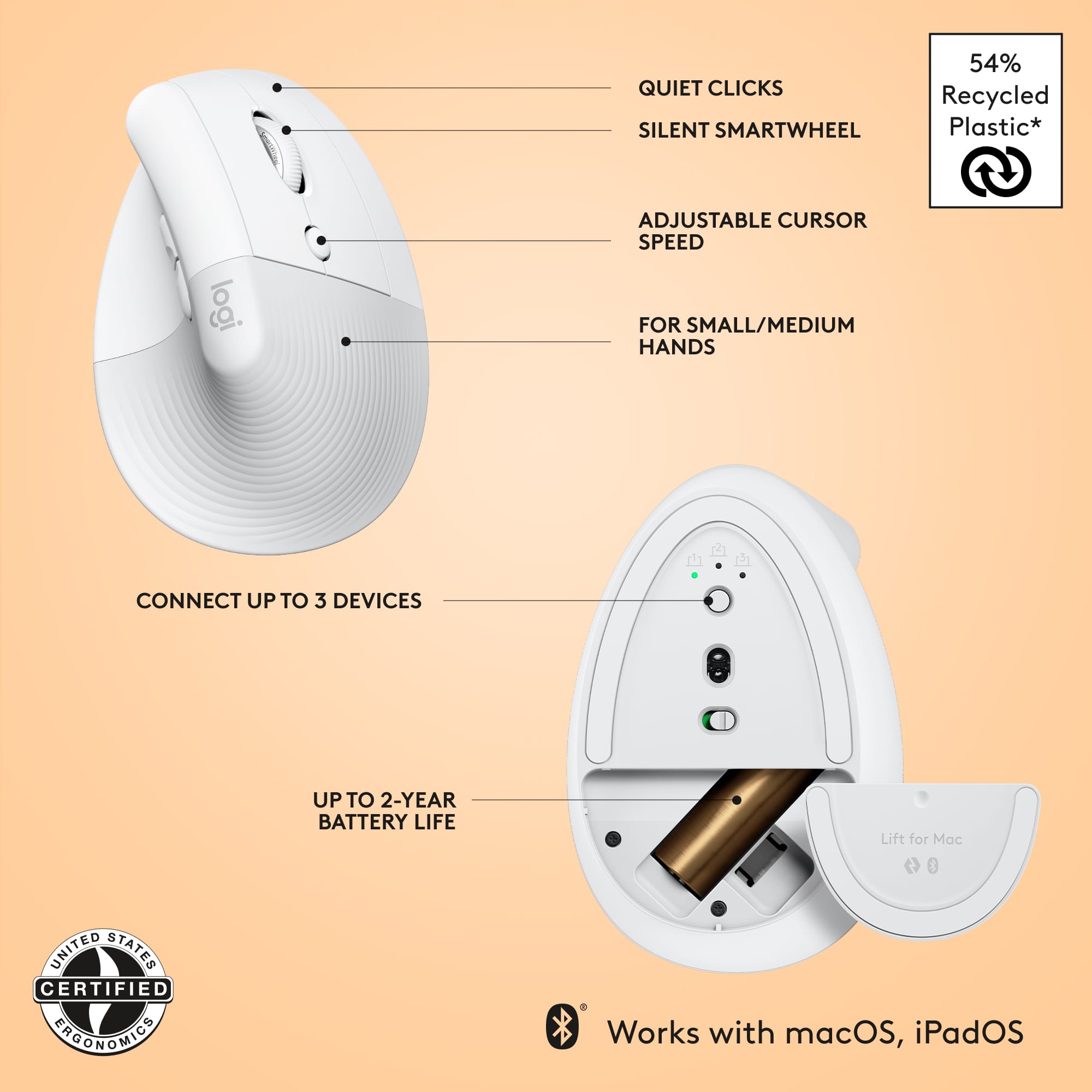 The image features a computer mouse with a diagram showing its various parts. The mouse is described as having quiet clicks, a silent smartwheel, and adjustable cursor speed. It is made of 54% recycled plastic and can connect up to three devices. The mouse has a two-year battery life and comes with a lift for c. The product is certified and works with macOS and iPadOS.