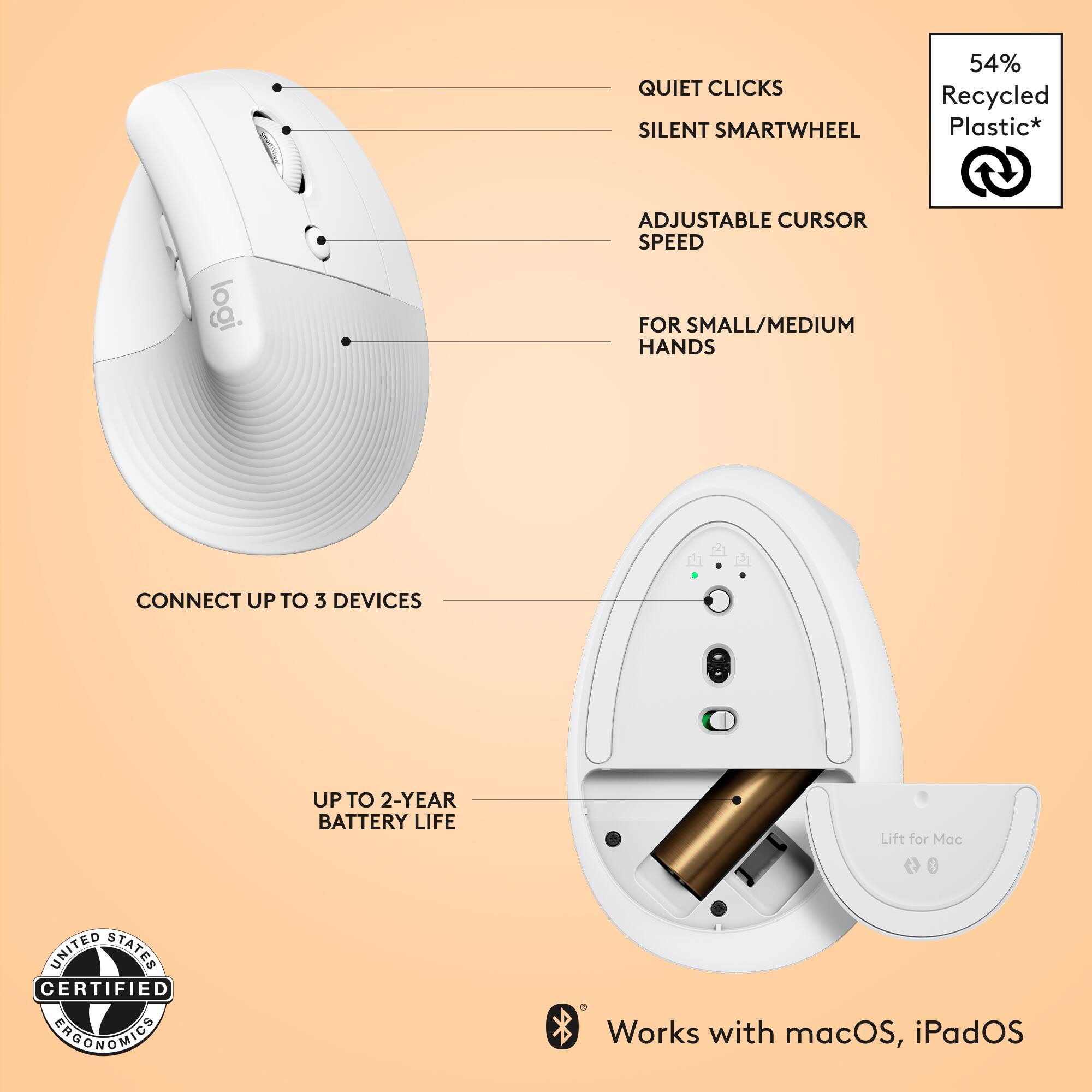 The image features a computer mouse with a diagram showing its various parts. The mouse is described as having quiet clicks, a silent smartwheel, and adjustable cursor speed. It is made of 54% recycled plastic and can connect up to three devices. The mouse has a two-year battery life and comes with a lift for c. The product is certified and works with macOS and iPadOS.