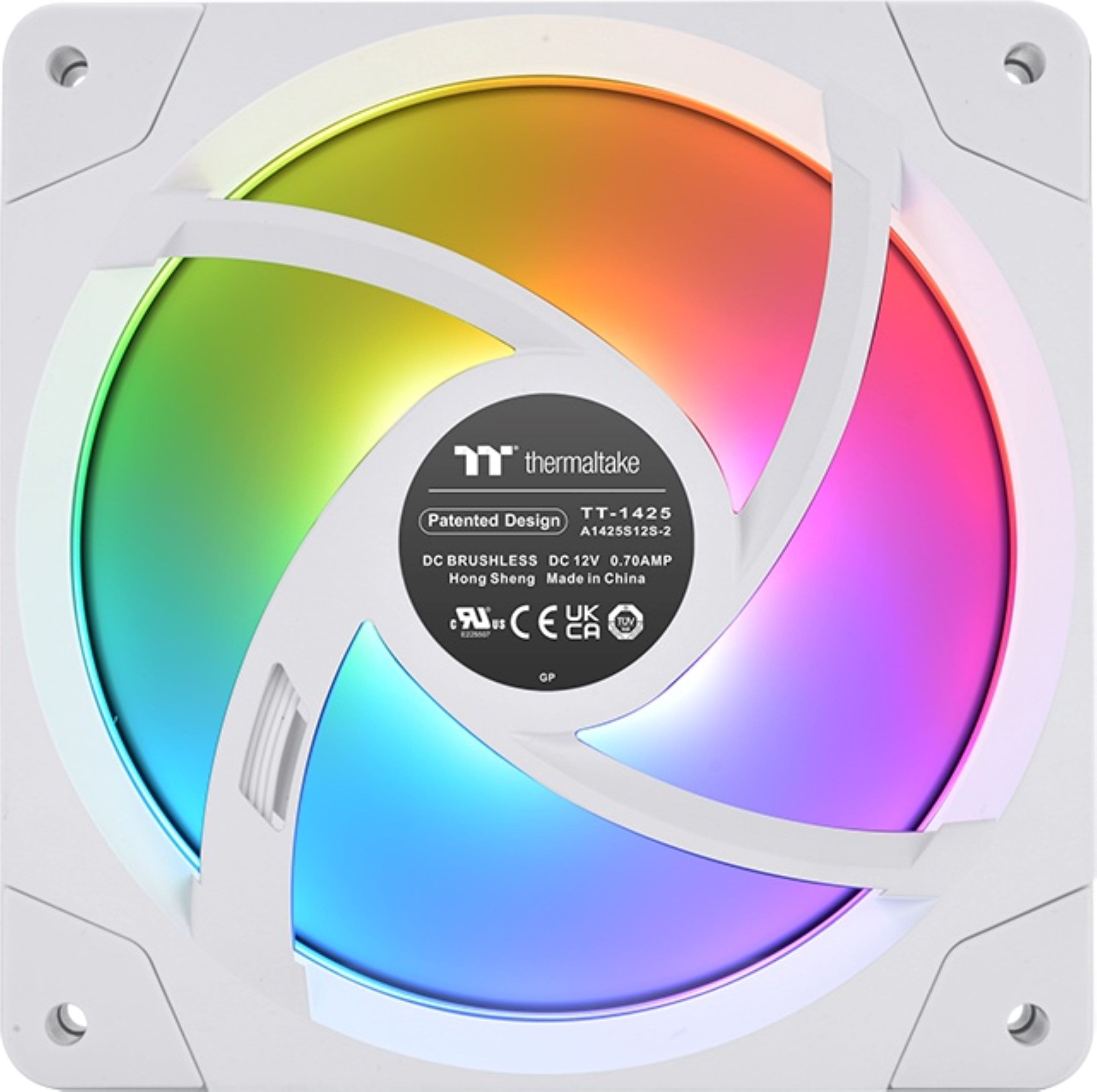 The text on the image reads: "thermaltake TT-1425 Patented Design A1425S128-2 DC BRUSHLESS DC 12V 0.70AMP Hong Sheng Made in China .LR, C UK TOV E 81 E CA GP".