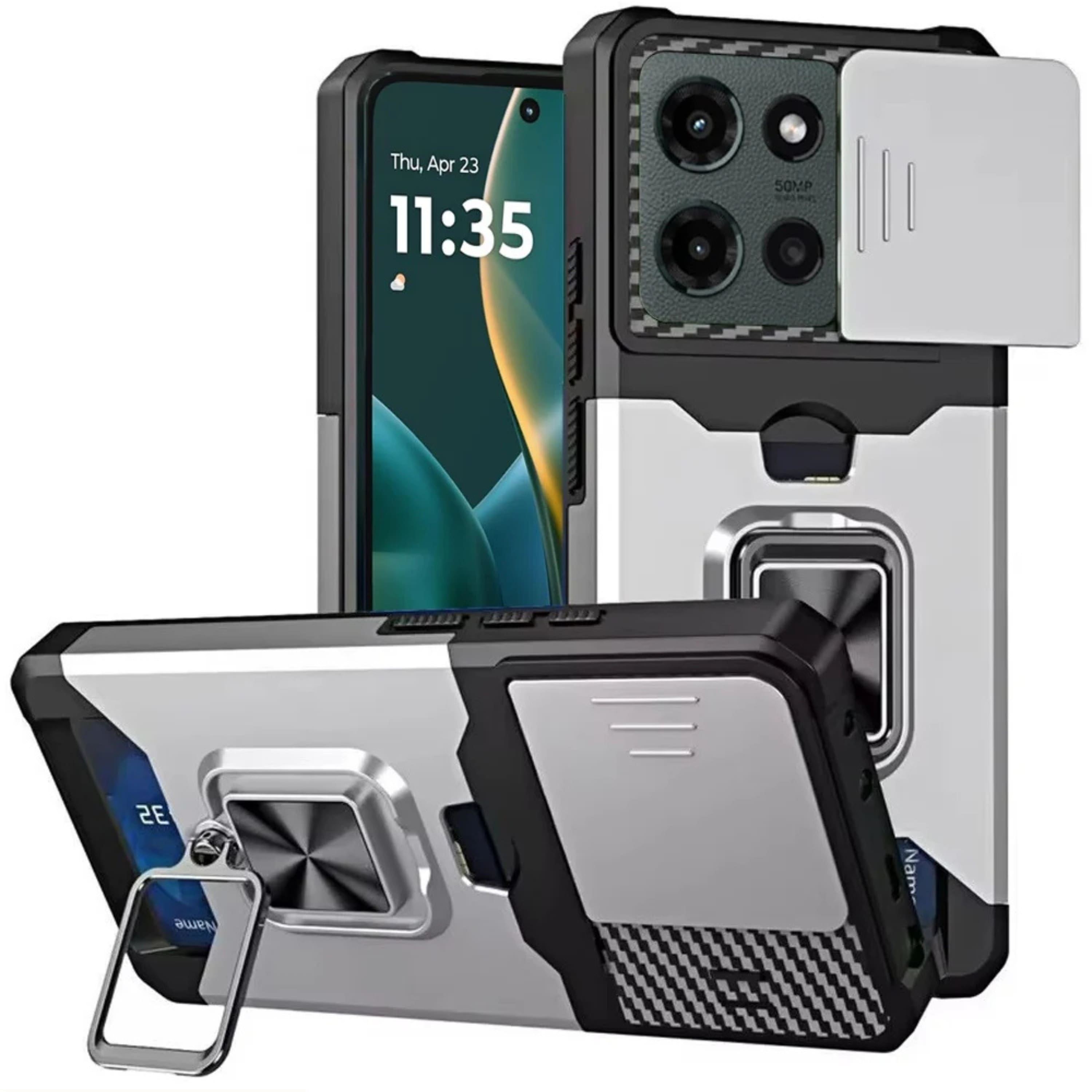 Kitcheniva - Magnetic Ring Stand Case For Moto G Stylus 2025 2026 With Card Holder And Camera Lens Cover - Silver price history on PriceWatchPro