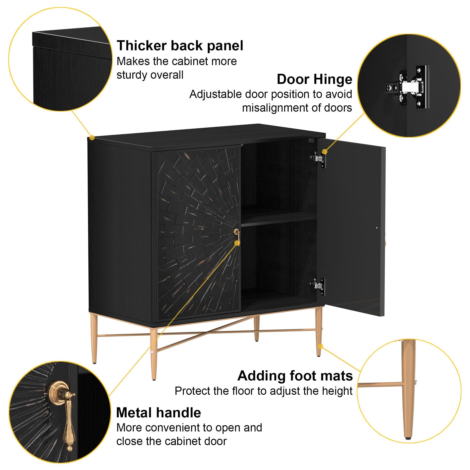 Thicker back panel: Makes the cabinet more sturdy overall

Door Hinge: Adjustable door position to avoid misalignment of doors

Adding foot mats: Protect the floor to adjust the height

Metal handle: More convenient to open and close the cabinet door