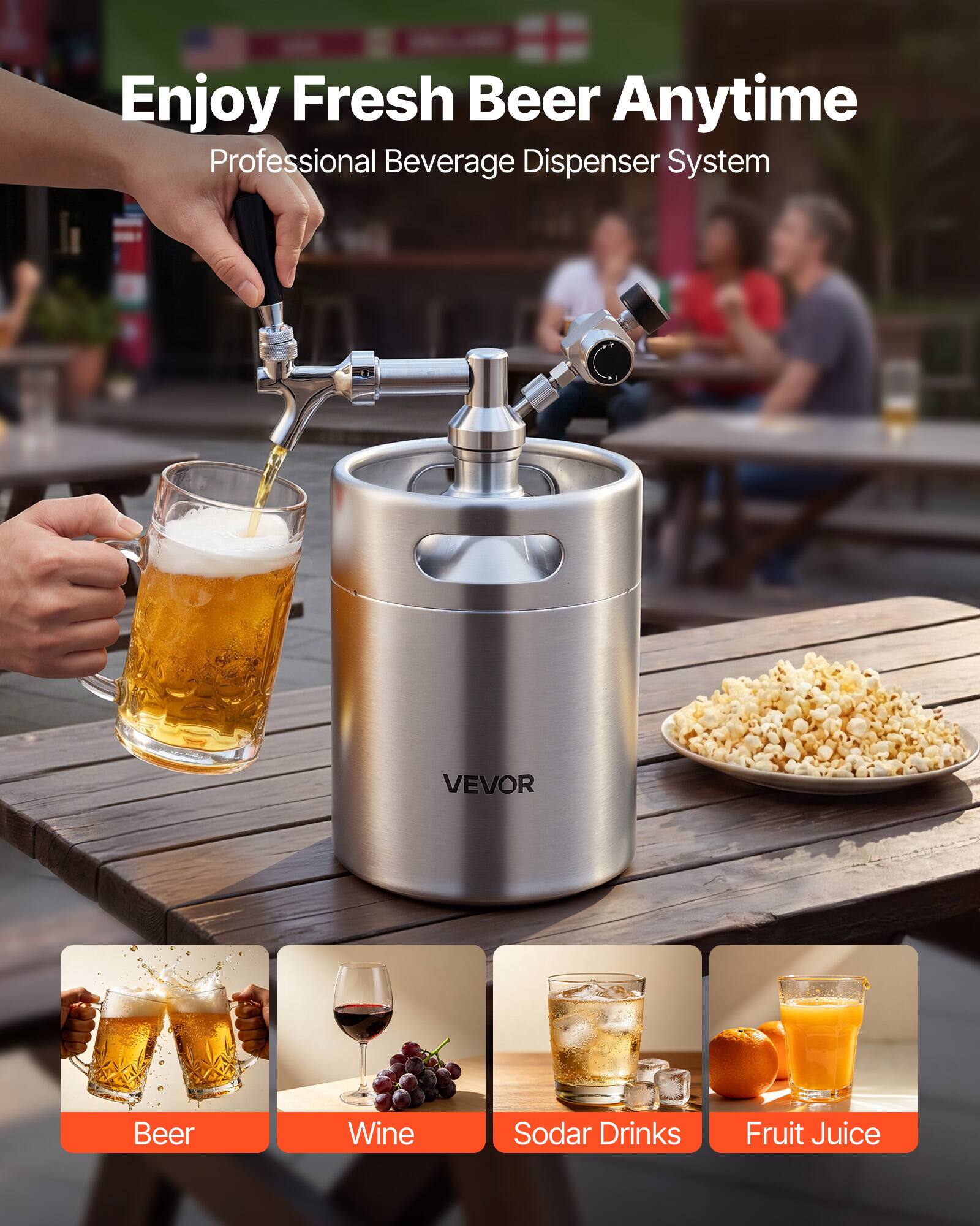 Enjoy Fresh Beer Anytime  
Professional Beverage Dispenser System  

VEVOR  

Beer  
Wine  
Soda Drinks  
Fruit Juice