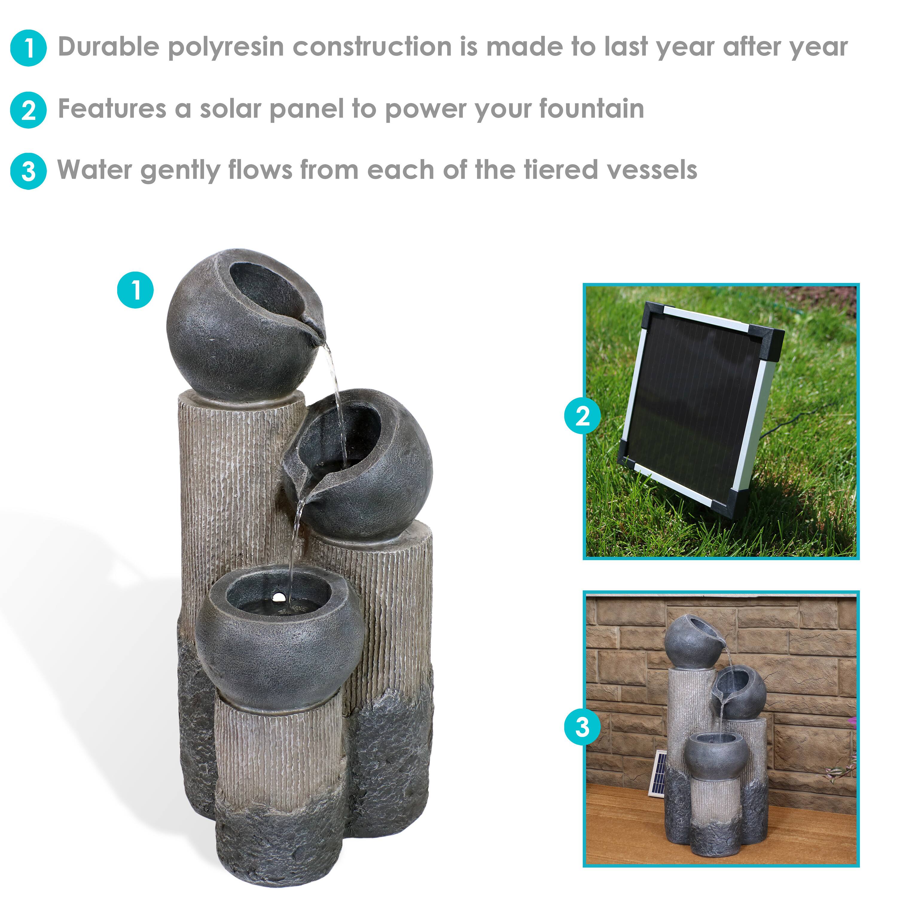 1. Durable polyresin construction is made to last year after year
2. Features a solar panel to power your fountain
3. Water gently flows from each of the tiered vessels