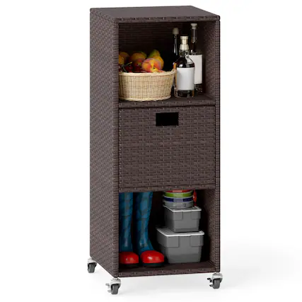 Front. Costway - Costway Outdoor Storage Cabinet with Storage Shelves Drawer and Rolling Wheels for Porch - Brown.