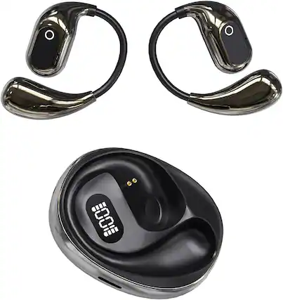 Front. SKRAN - Ear-Hook Wireless Bluetooth Headphones, Waterproof, Long Battery Life, LED Display - for Running, Gym, Commuting - Black.