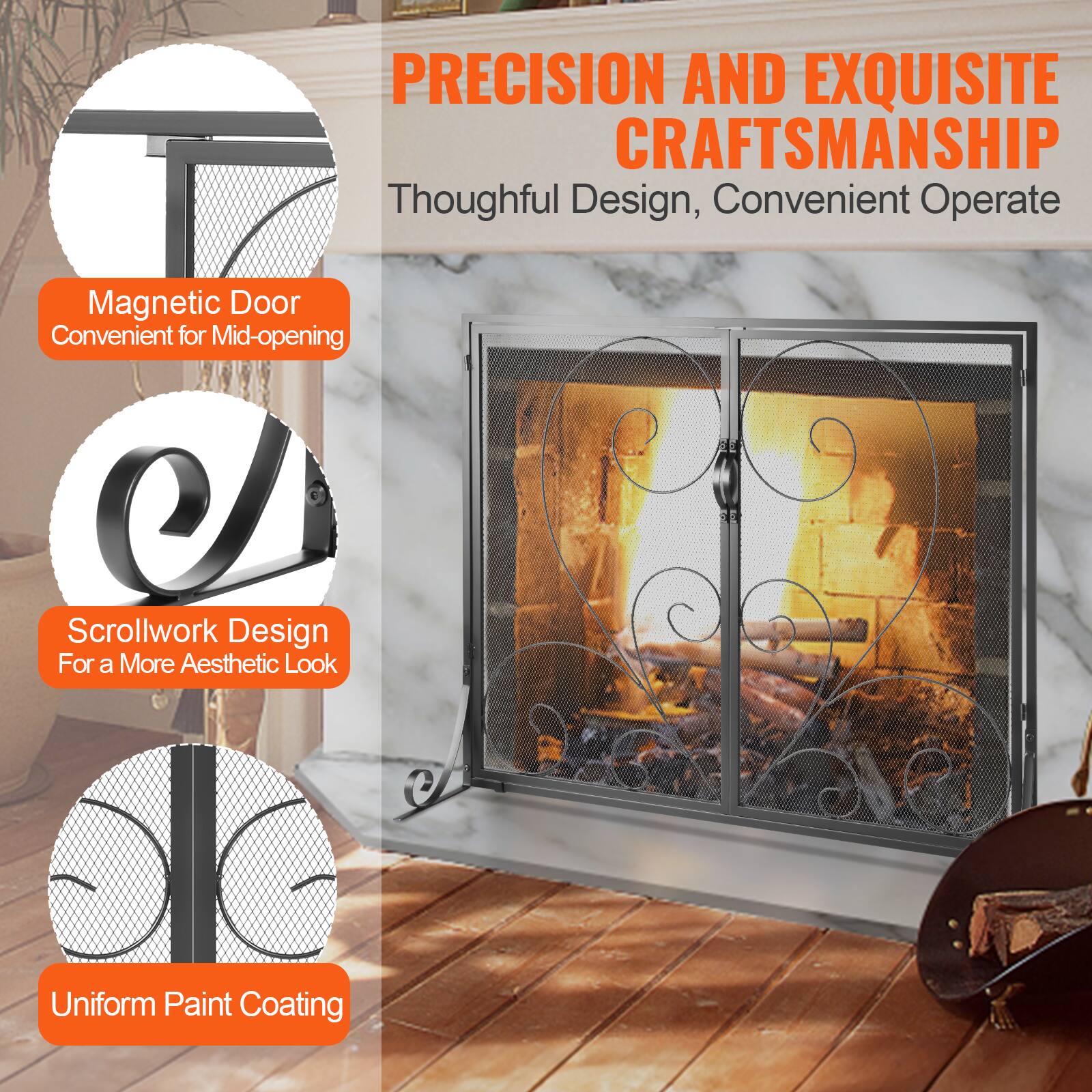 PRECISION AND EXQUISITE CRAFTSMANSHIP  
Thoughtful Design, Convenient Operate  

- Magnetic Door  
Convenient for Mid-opening  

- Scrollwork Design  
For a More Aesthetic Look  

- Uniform Paint Coating