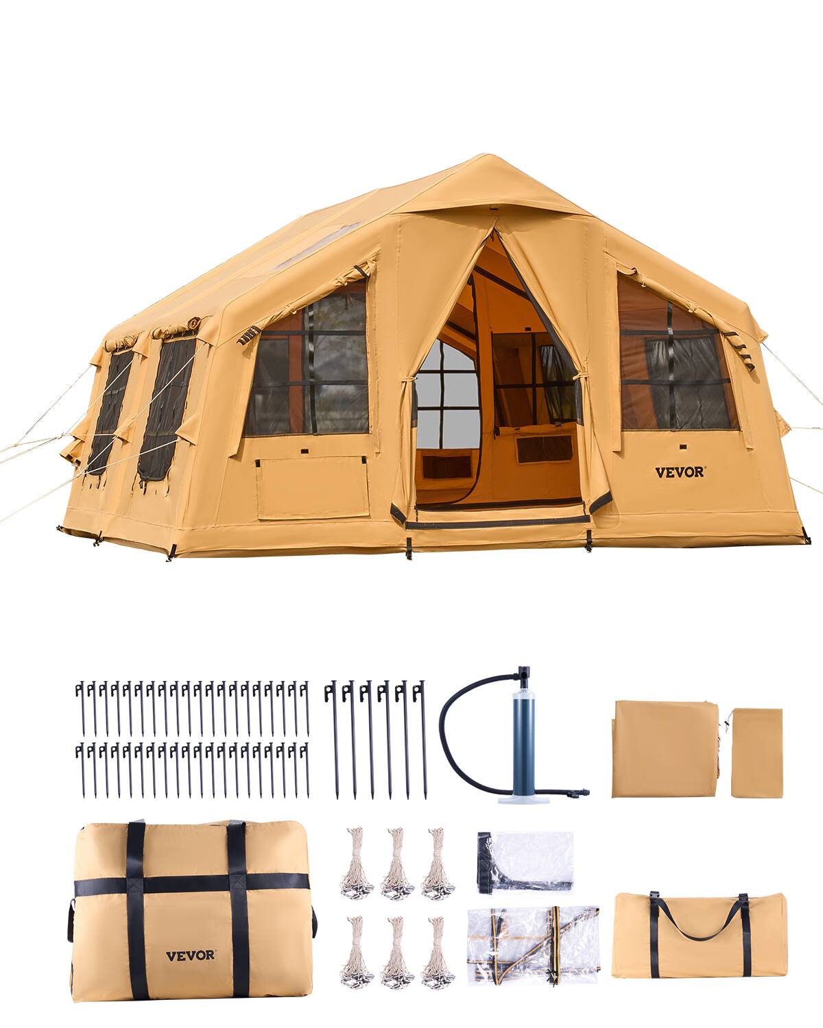 VEVOR - Inflatable Tents, 8-12 Person Easy Setup Blow up Tent with Hand Pump, 4 Season Luxury Glamping Tent with 2 Skylights - Yellow