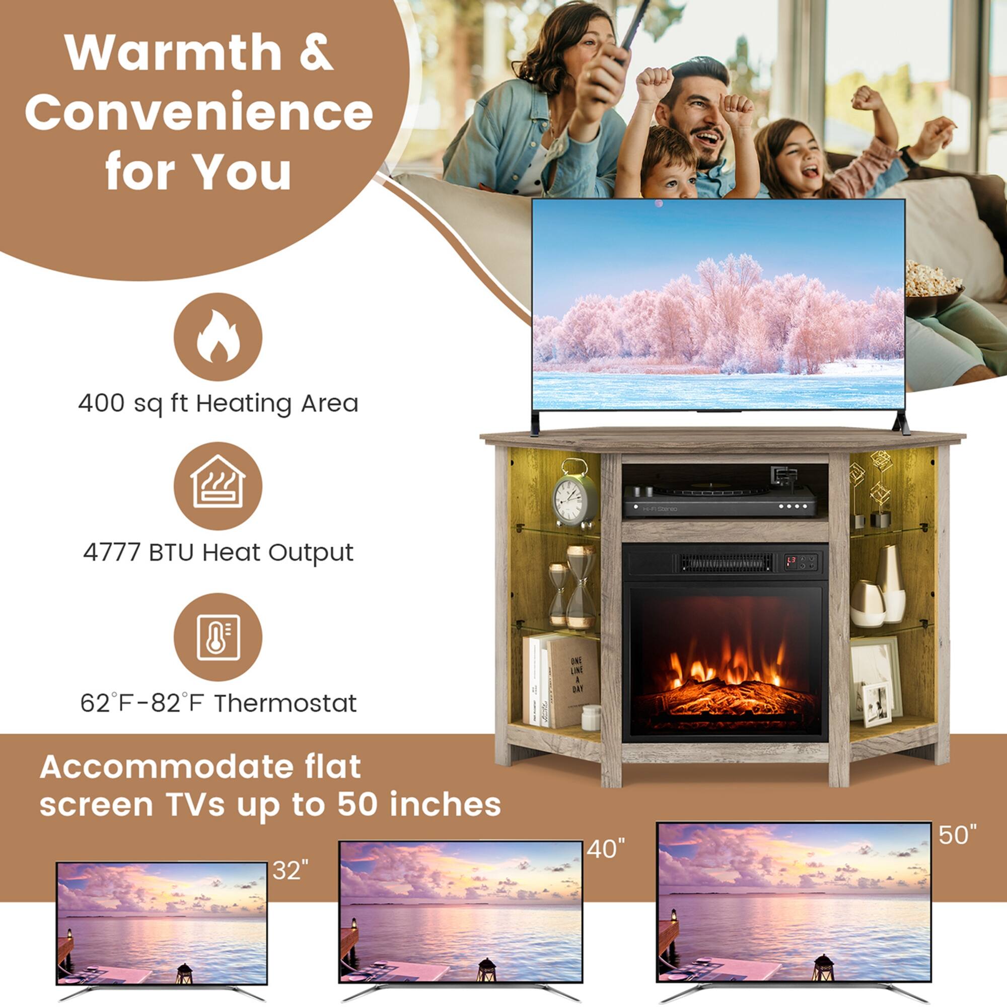 Warmth & Convenience for You

- 400 sq ft Heating Area
- 4777 BTU Heat Output
- 62°F–82°F Thermostat

Accommodate flat screen TVs up to 50 inches

- 32"
- 40"
- 50"