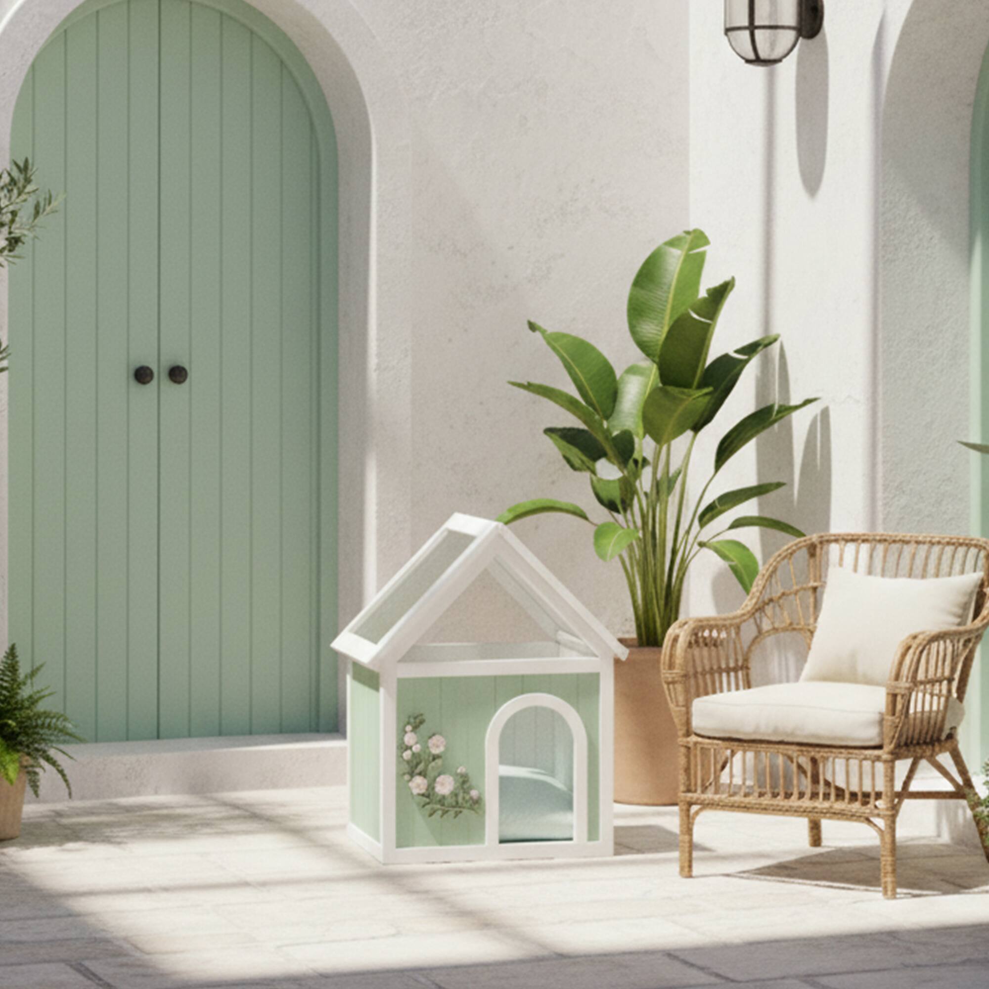 Back. Siljoy - FSC Cedar Wood Pet House with Transparent Acrylic Roof, Floral Carving, Indoor Shelter for Pets.