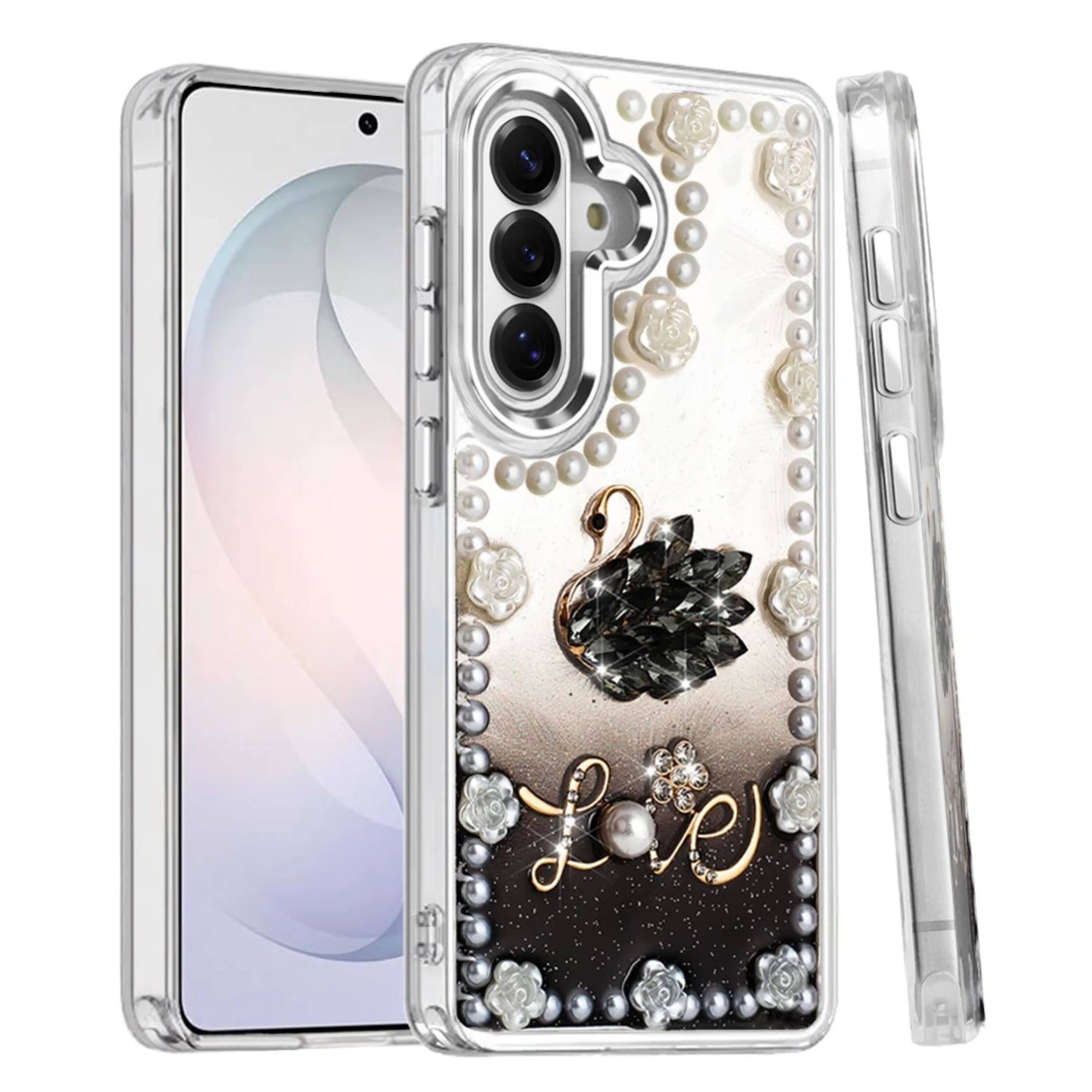 Angle. Kitcheniva - Floral Faux Pearl Trim 3D Charms Phone Case With Tempered Glass For Samsung S26 Black - Multicolor.
