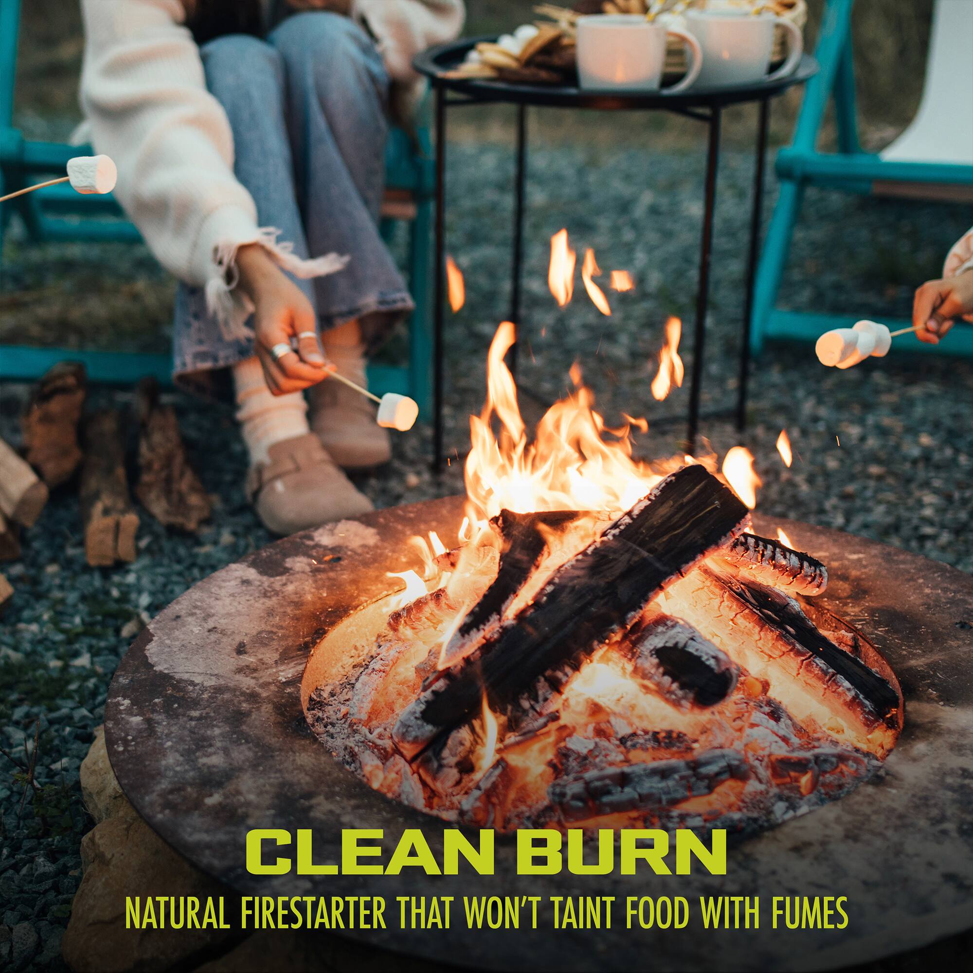 CLEAN BURN  
NATURAL FIRESTARTER THAT WON'T TAINT FOOD WITH FUMES