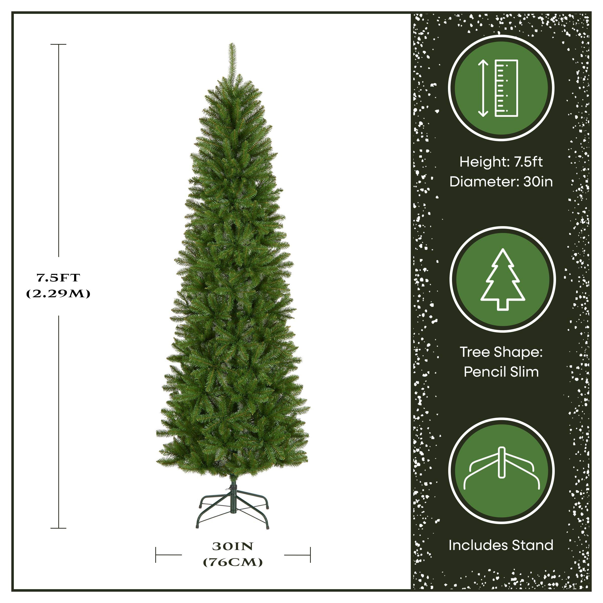 Height: 7.5ft (2.29M)  
Diameter: 30in (76CM)  
Tree Shape: Pencil Slim  
Includes Stand