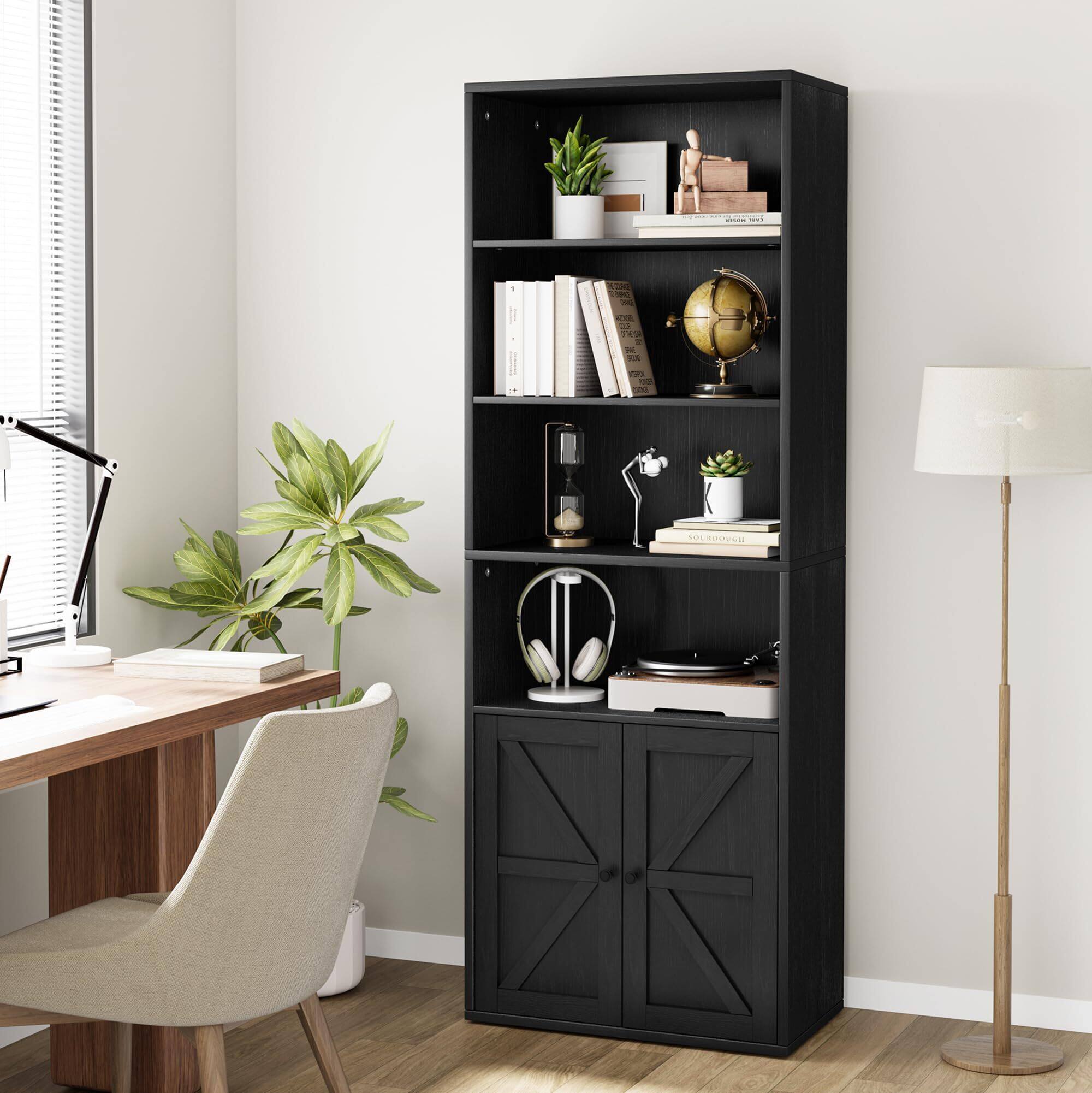 Acekool - Bookcase with Doors Industrial Bookshelf 11.8in Depth Display Storage Shelves 71.4in Tall - Black