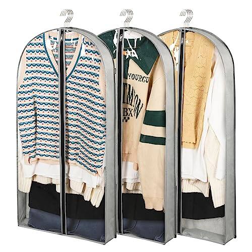 Front. DORLUKFU - 3 Pack 40" Garment Bags for Hanging Clothes Storage, Clear Suits Covers with 4" Gussets for Closet Storage Travel, - ‎Clear.