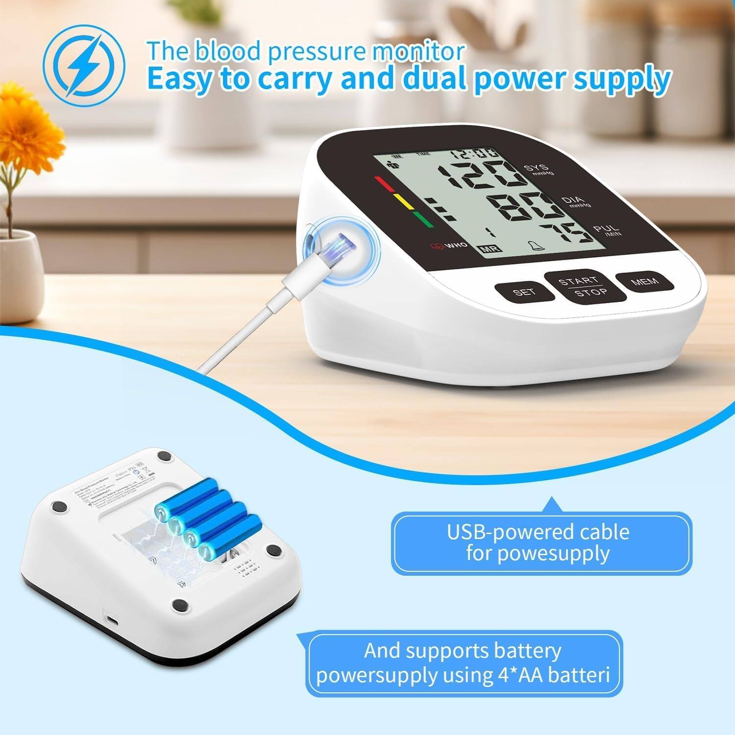 The blood pressure monitor is easy to carry and has dual power supply options. It features a USB-powered cable for power supply and supports battery power supply using 4 AA batteries.