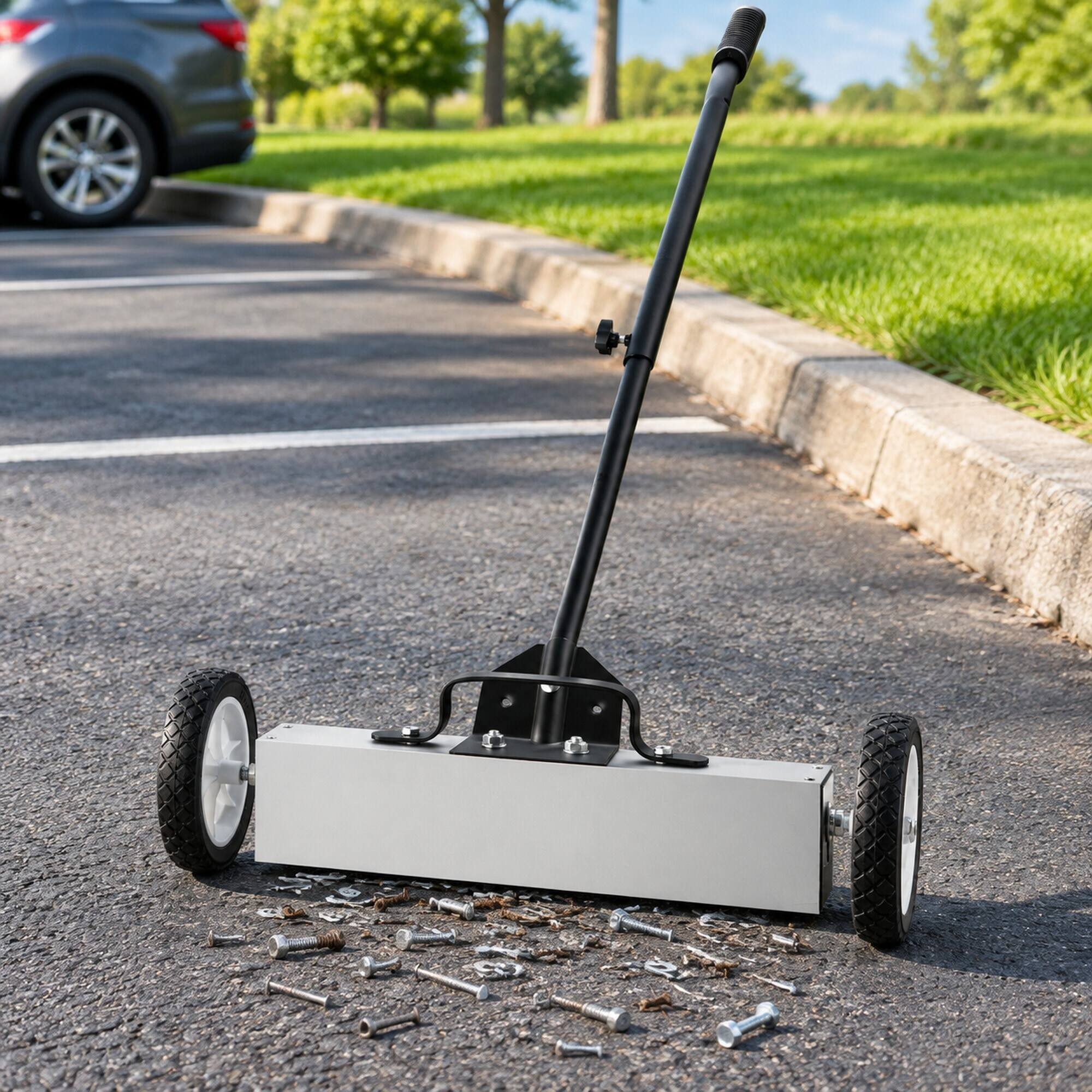 Back. RYHNUYNE - 45 lbs Rolling Magnetic Sweeper, 18 in Push-Type Pickup Tool, Telescoping Handle, Quick Release, Garage Yard - White.