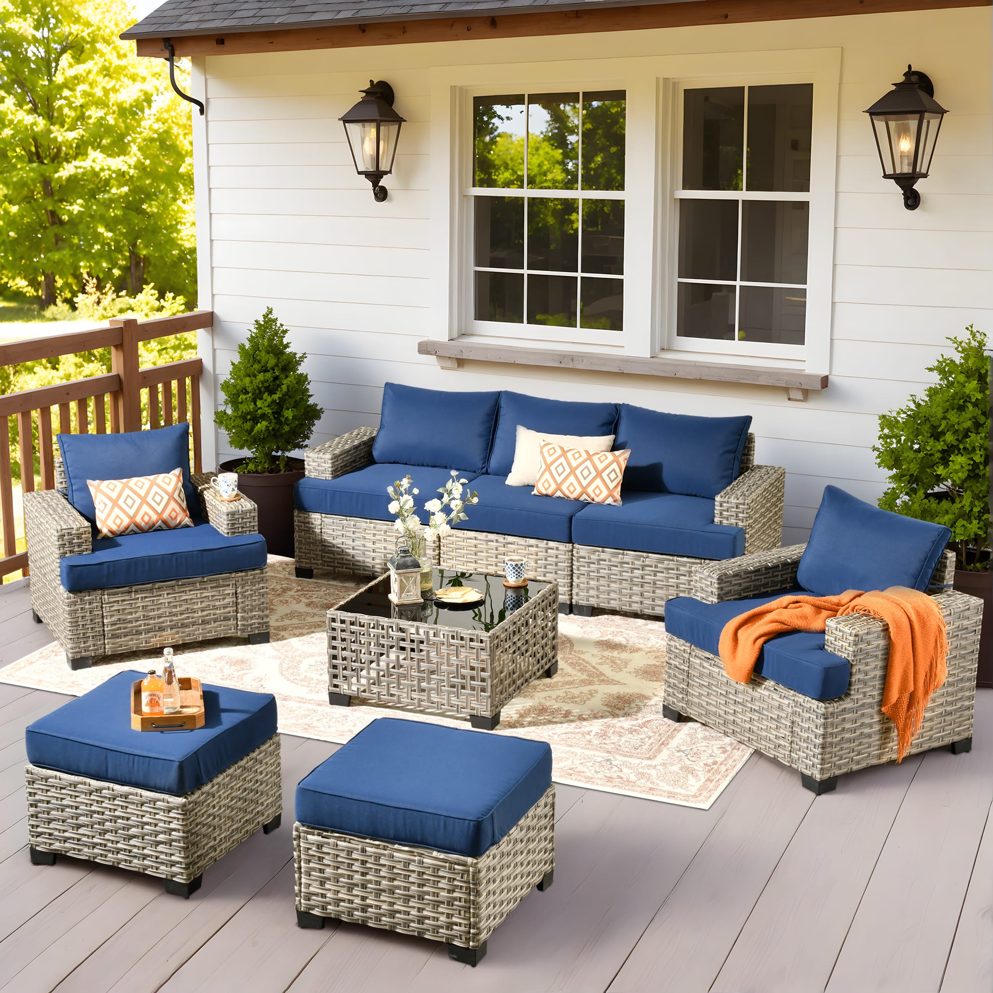 Ovios - 8 PCS Patio Furniture, Wicker Sofa with Coffee Table, High Back Armchair with Ottoman for Garden - Navy Blue