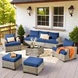Ovios - 8 PCS Patio Furniture, Wicker Sofa with Coffee Table, High Back Armchair with Ottoman for Garden - Navy Blue