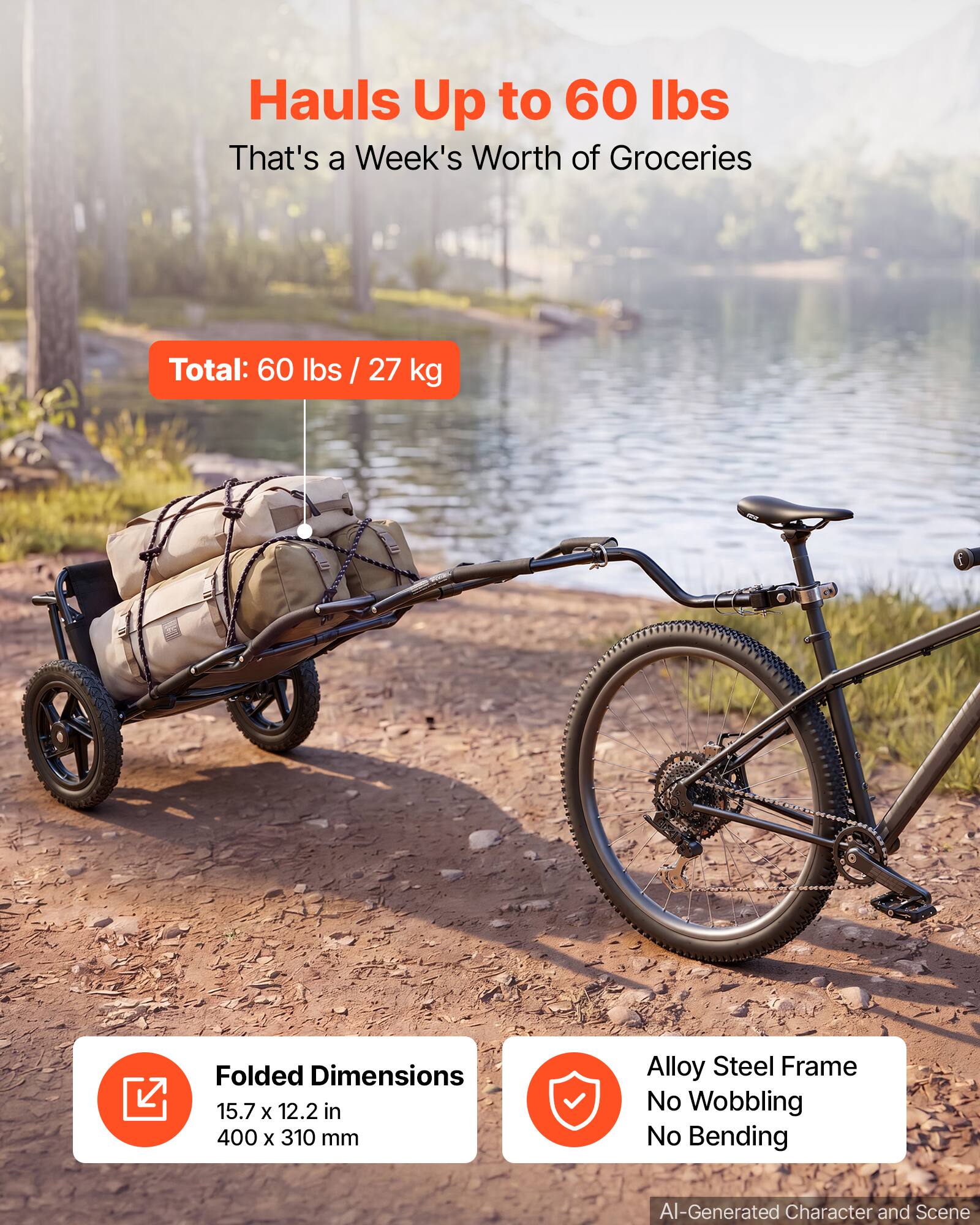 Hauls Up to 60 lbs  
That's a Week's Worth of Groceries

Total: 60 lbs / 27 kg

Folded Dimensions: 15.7 x 12.2 in / 400 x 310 mm

Alloy Steel Frame  
No Wobbling  
No Bending

AI-Generated Character and Scene