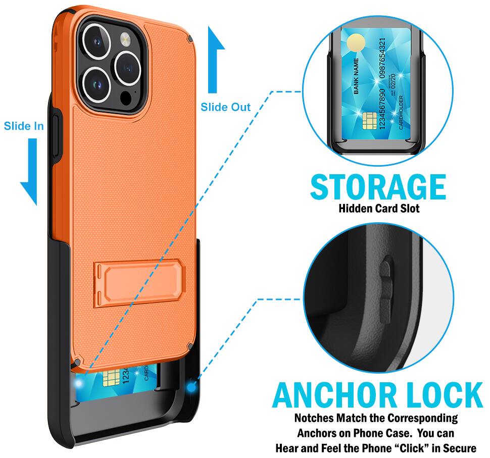 Slide In 1 Slide Out

NAME BANK 0987654321 1234567890 02/20

CARDHOLDER

STORAGE Hidden Card Slot

1234 CARD

ANCHOR LOCK

Notches Match the Corresponding Anchors on Phone Case. You can Hear and Feel the Phone "Click" in Secure