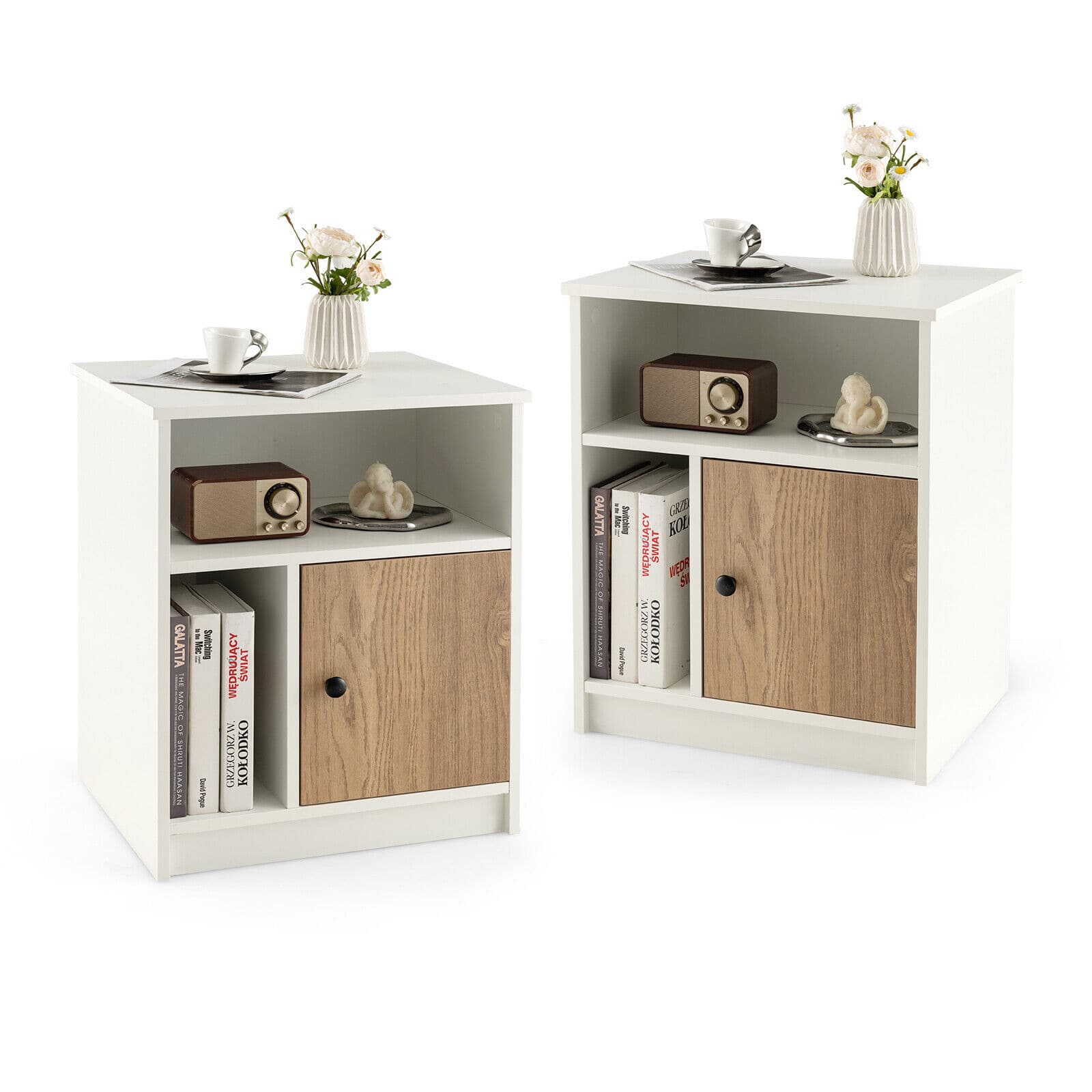 Ecooso - Set of 2 Tall Nightstands with Door and Shelves Bedroom End Side Tables Storage Cabinet - Natural