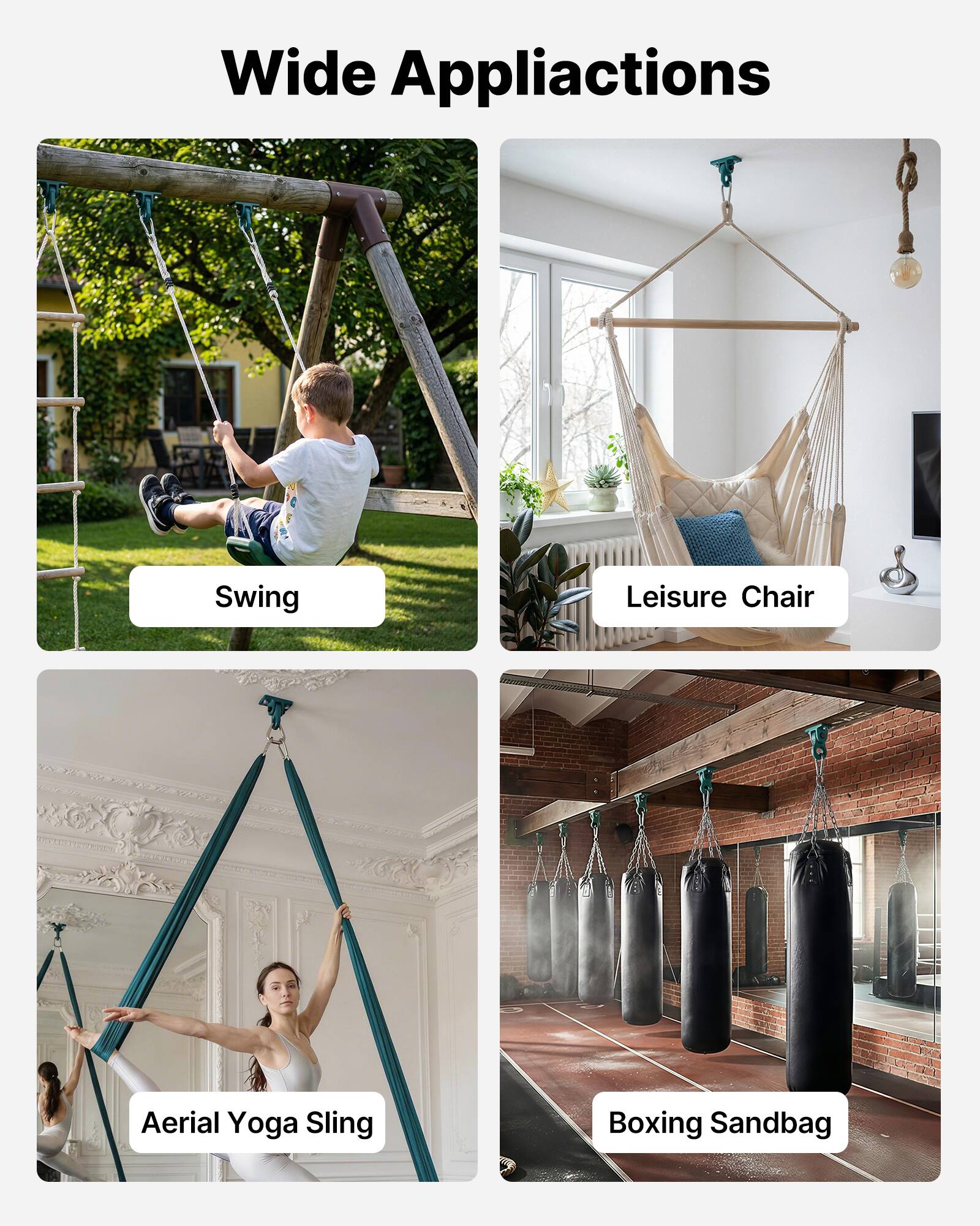 Wide Applications

- Swing
- Leisure Chair
- Aerial Yoga Sling
- Boxing Sandbag