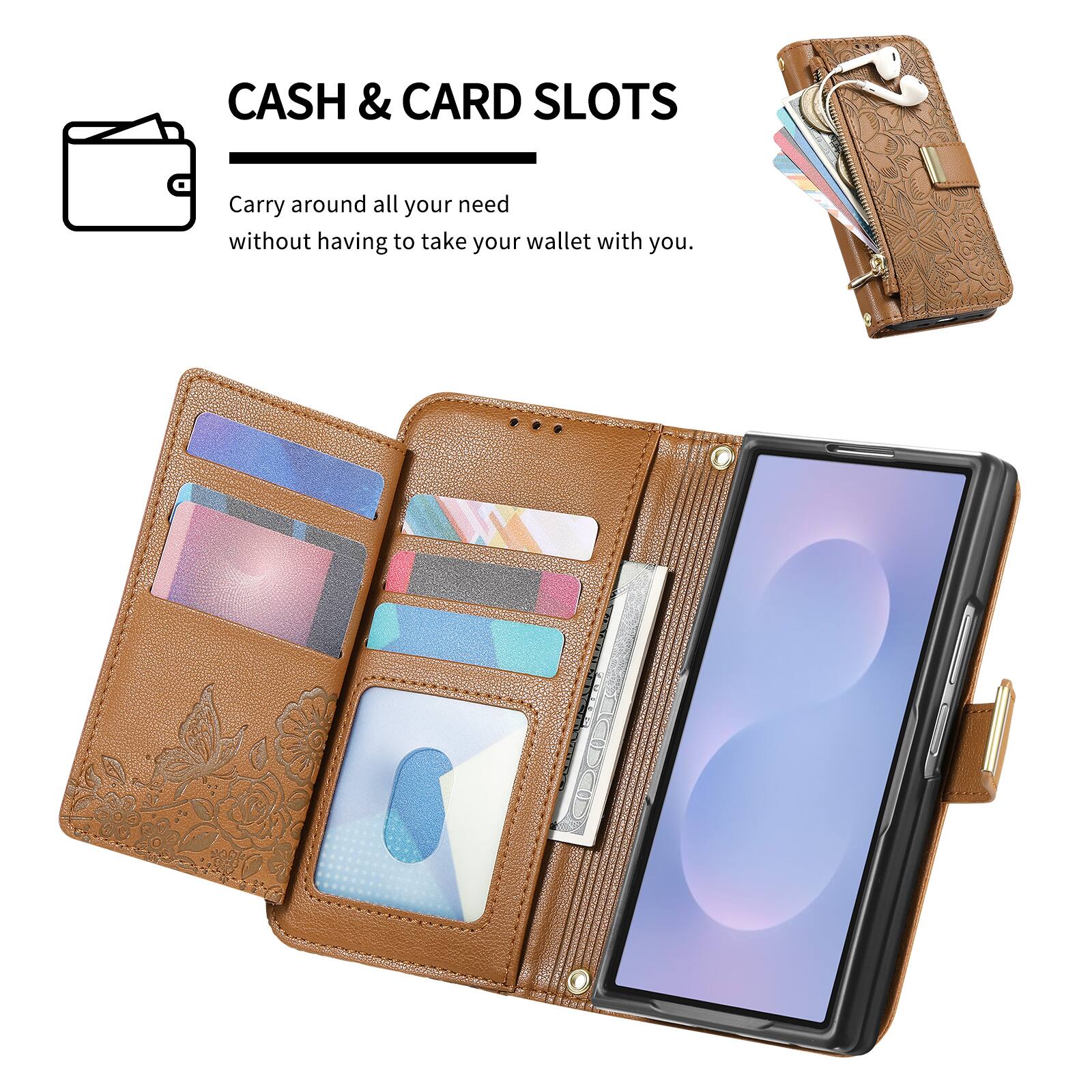 CASH & CARD SLOTS  
Carry around all your need without having to take your wallet with you.