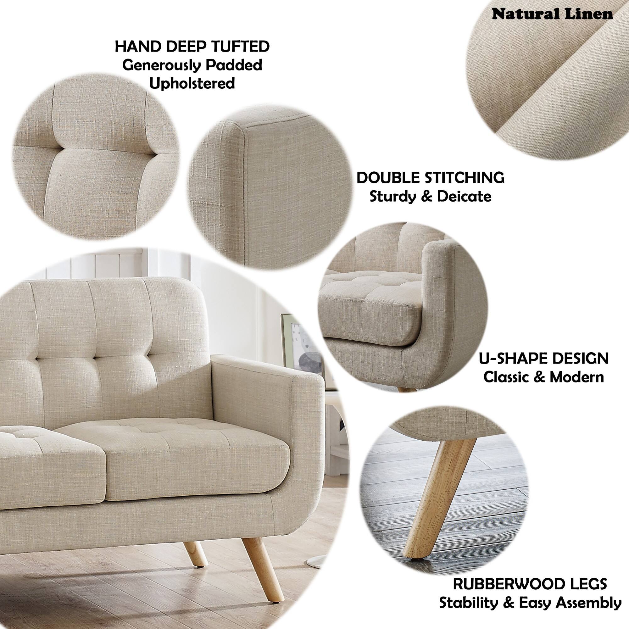 Natural Linen  
HAND DEEP TUFTED  
Generously Padded Upholstered  
DOUBLE STITCHING  
Sturdy & Delicate  
U-SHAPE DESIGN  
Classic & Modern  
RUBBERWOOD LEGS  
Stability & Easy Assembly