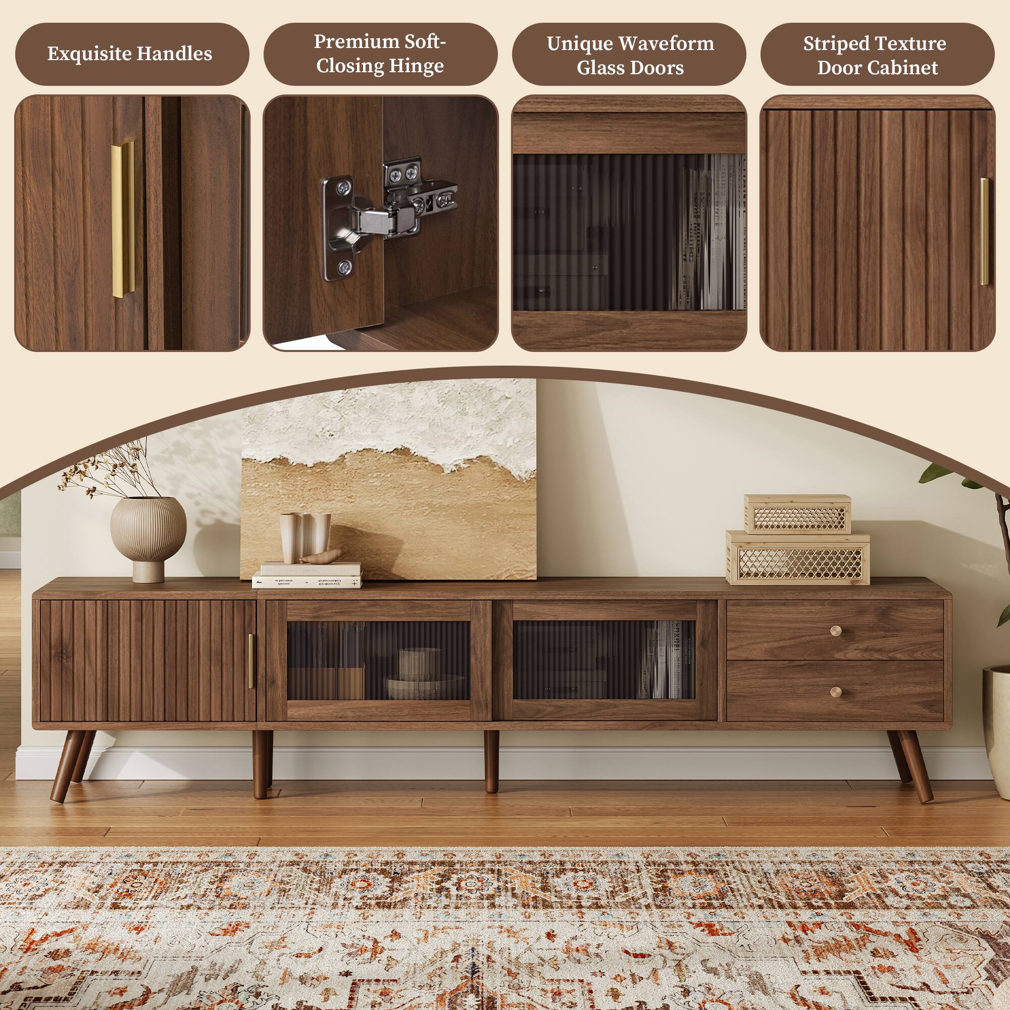 Exquisite Handles  
Premium Soft-Closing Hinge  
Unique Waveform Glass Doors  
Striped Texture Door Cabinet