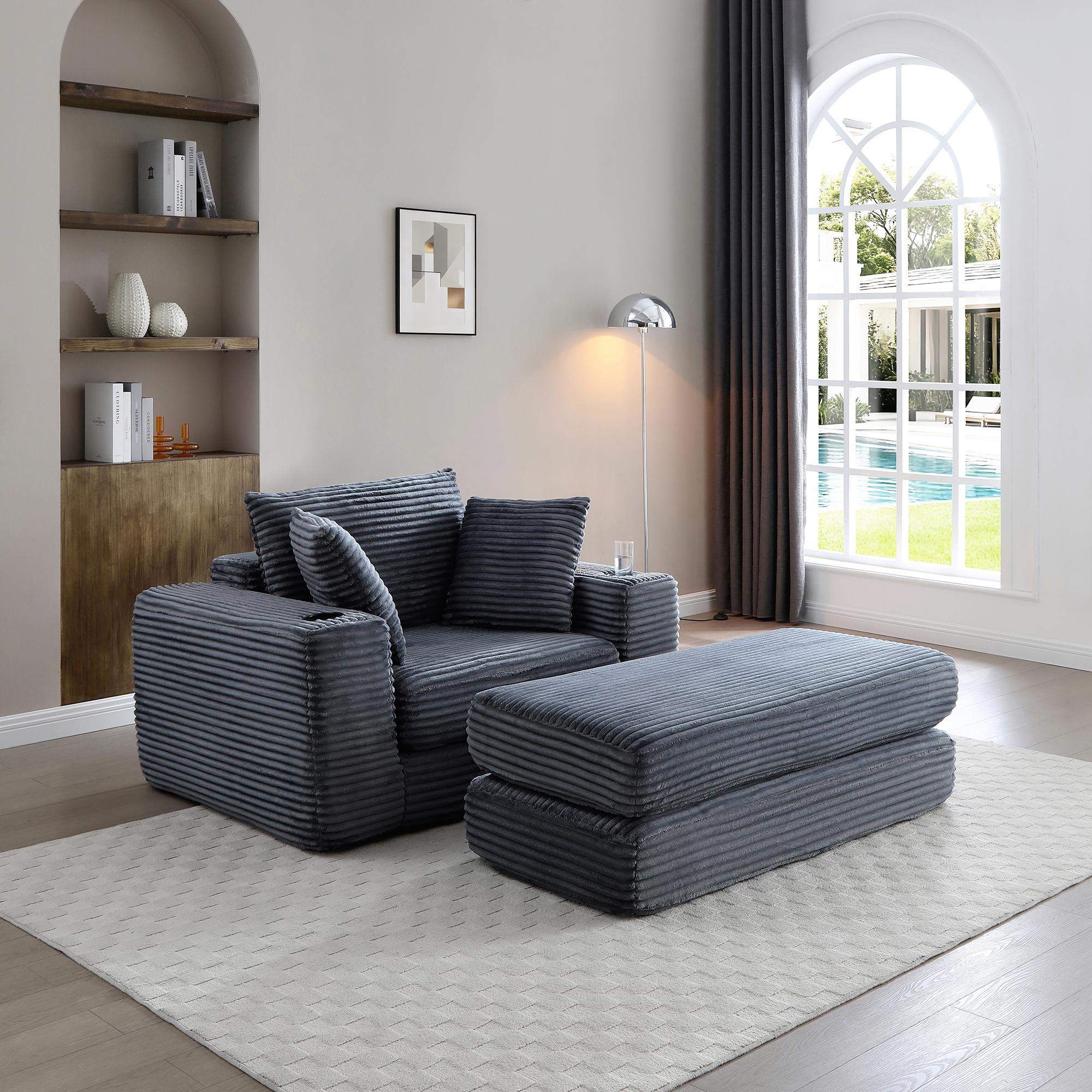 Back. Roomtec - 52.4 Boneless Chaise Lounge Chair IndoorOversized CloudLike Cozy Comfy Modular 3in1 Sofa Bed for Reading Living Room - Grey.