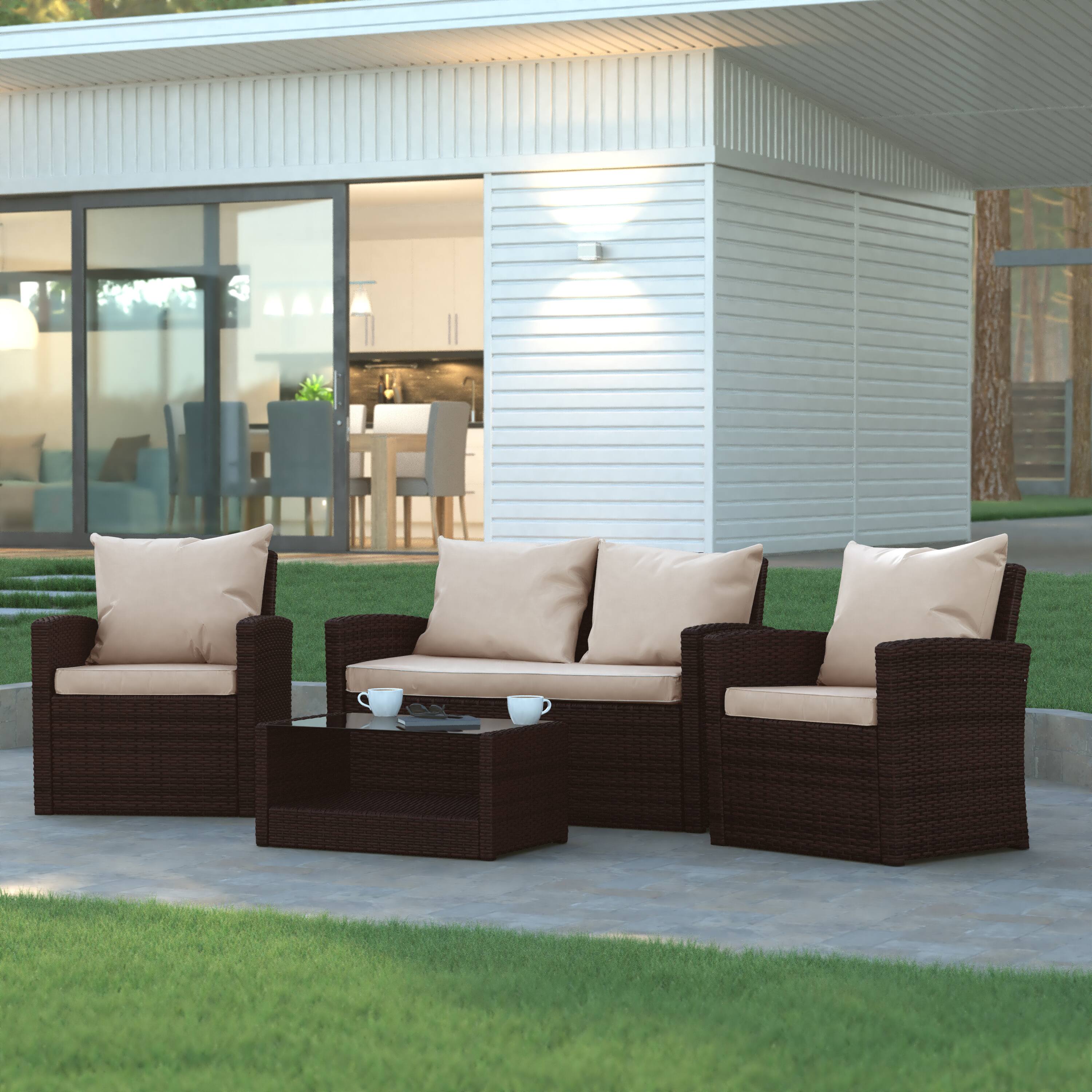 Alt View 1. Emma + Oliver - 4 Piece Patio Set with Gray Back Pillows & Seat Cushions - Outdoor Seating - Beige Cushions/Brown Frame.