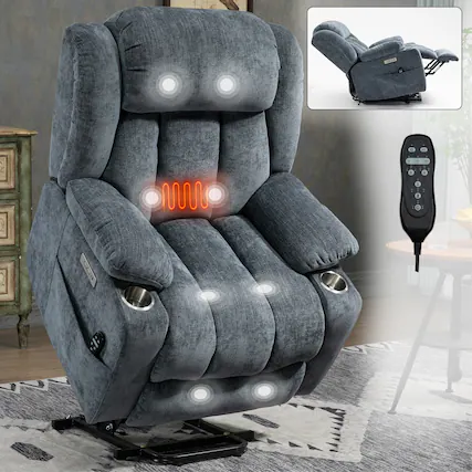 Front. AENKYO - Chenille Power Lift Recliner Chair with Heat and Vibration, USB and Type-C Ports, Stainless Steel Cup Holders - Blue.
