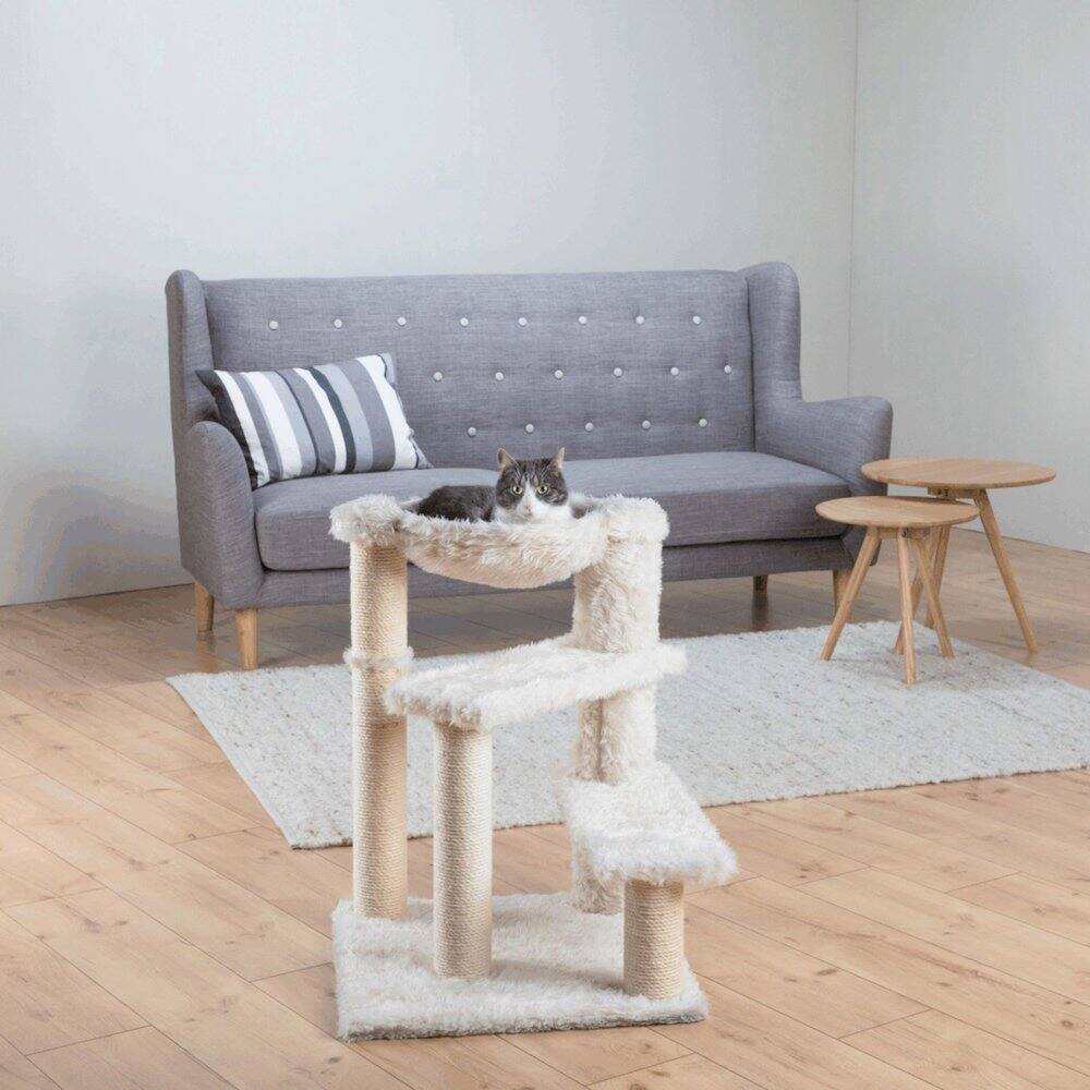Angle. TRIXIE - Baza Senior Plush & Sisal Cat Tree Scratching Posts Hammock & Steps - Cream.