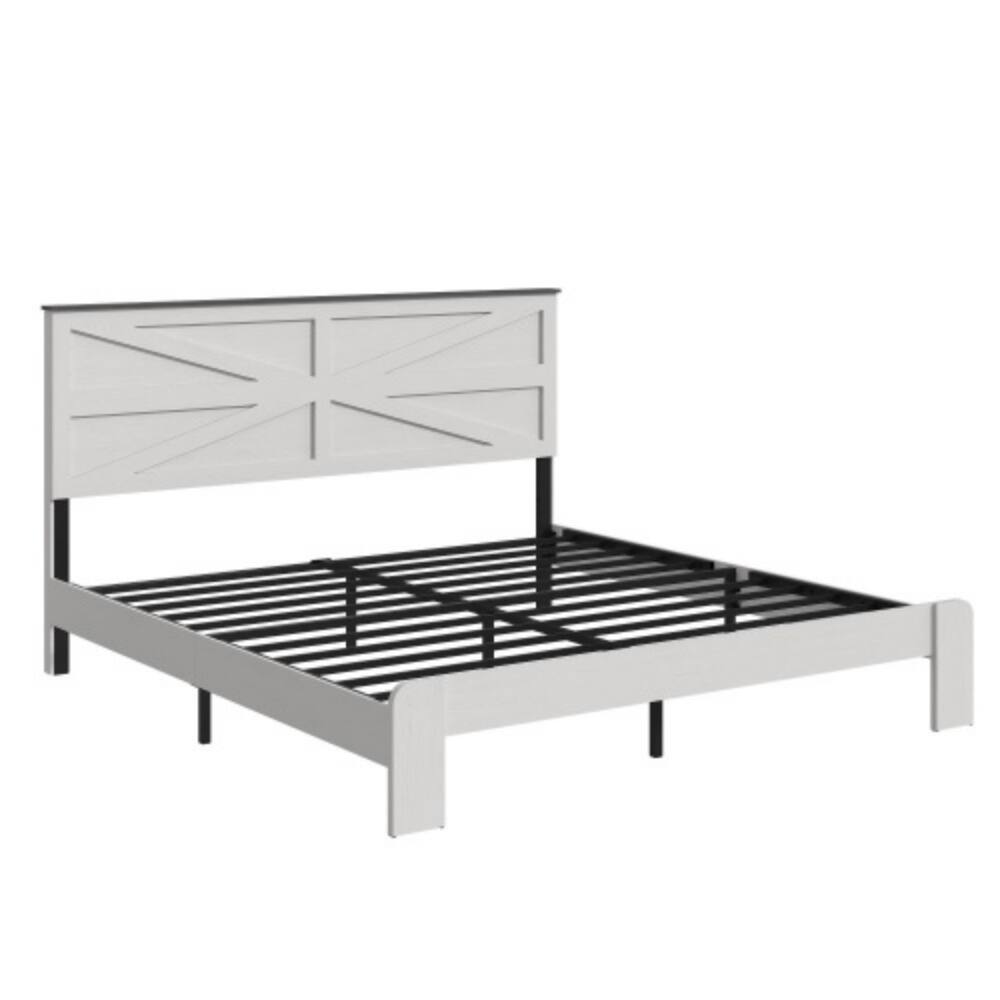 Alt View 3. LUCKY ONE - QUEEN Size Wood Platform Bed Frame with Industrial Style, Metal Frame, Wood Slats, No Box Spring Needed - White,QUEEN.