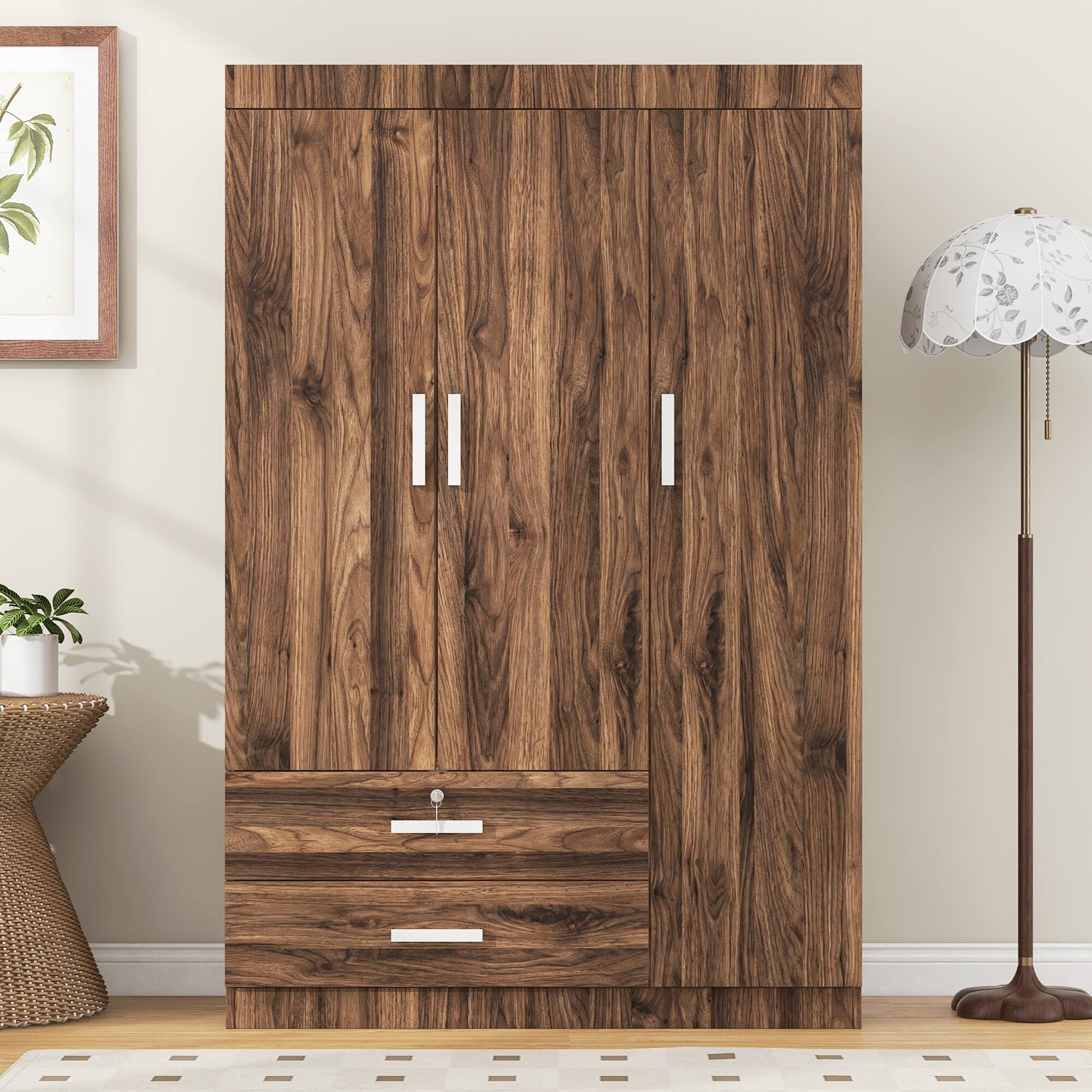 Angle. Whisen - 3-Door Wooden Wardrobe with 2 Hanging Rods and Drawers,Large Capacity Storage Closet Armoire - Brown.