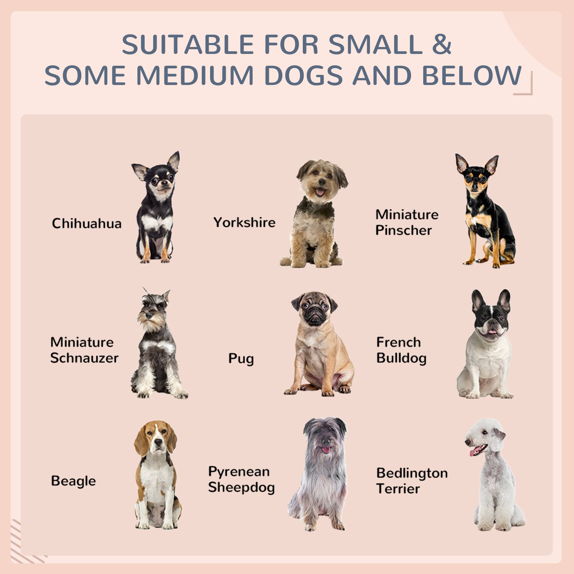 SUITABLE FOR SMALL & SOME MEDIUM DOGS AND BELOW

- Chihuahua
- Yorkshire
- Miniature Pinscher
- Miniature Schnauzer
- Pug
- French Bulldog
- Beagle
- Pyrenean Sheepdog
- Bedlington Terrier
