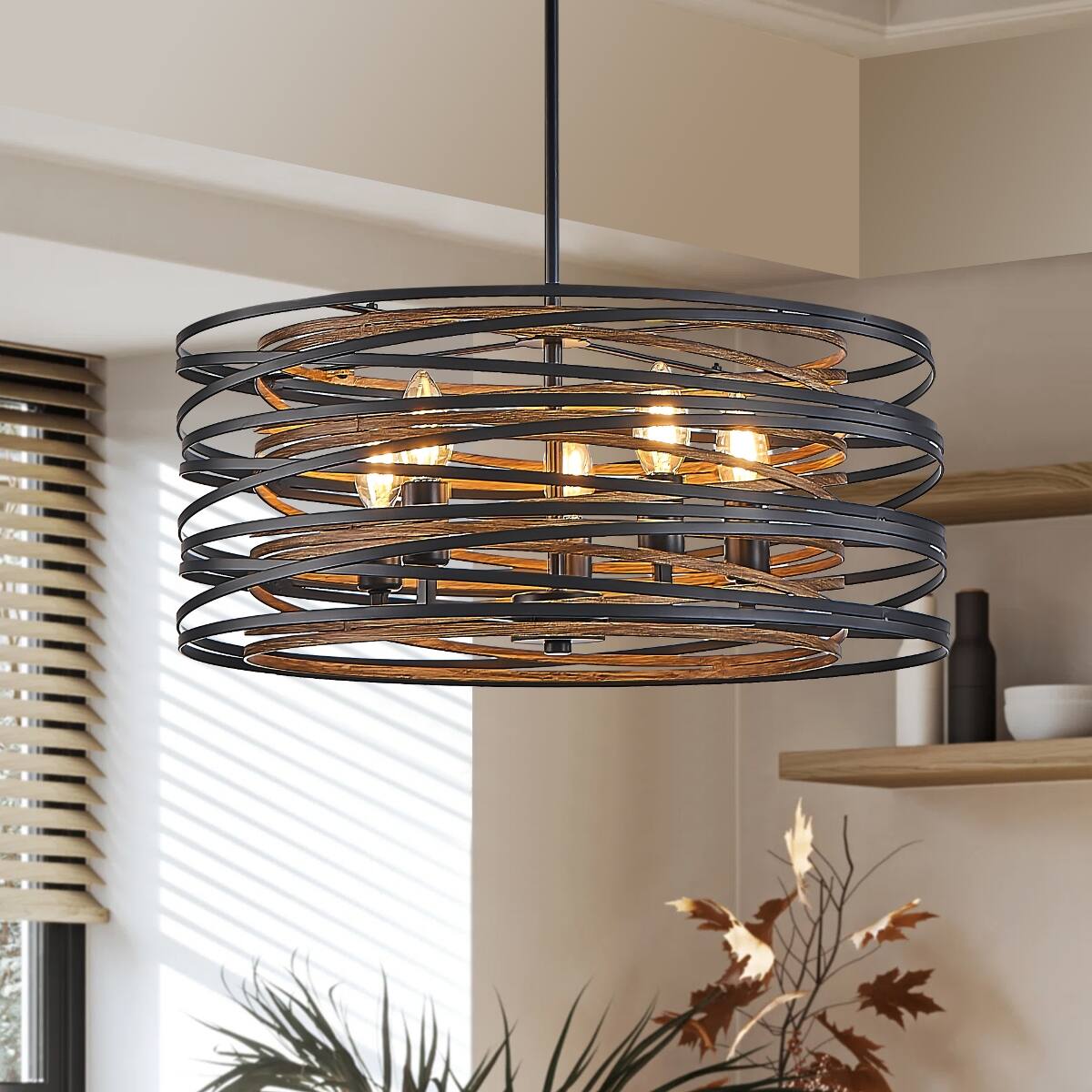 Left. Loheer - Loheer 20 Inch 5 Light Metal Cage Chandelier, Black and Walnut Wood Accents.