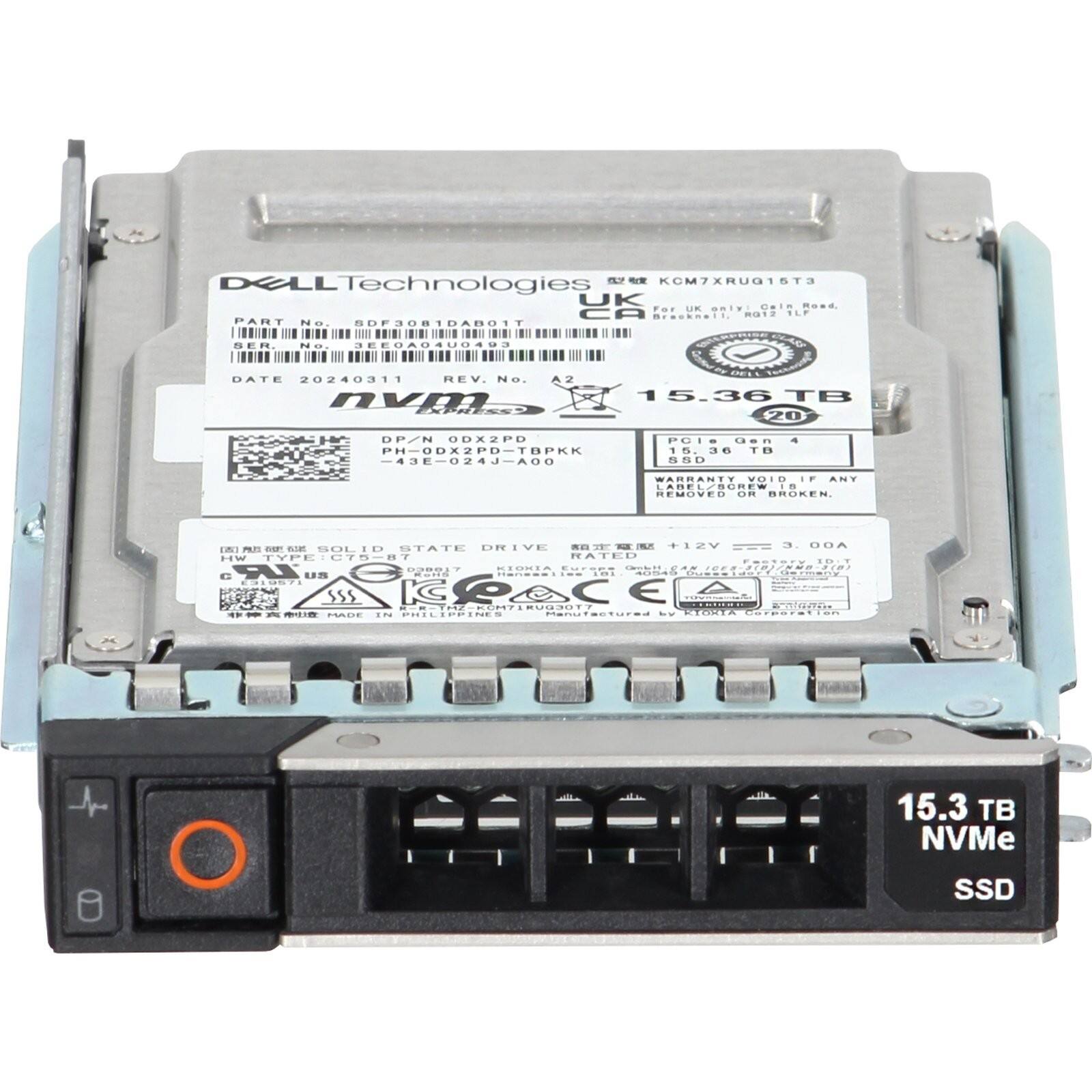 DELL Technologies UK Cola .... TOr UN oniv CA ma1a TLP Brockmait.  
PART NO SDF30R1DAB01T  
DATE 20240311  
REV. No. 2  
15.36 TB  
DP/N 82PB  
PH-0DX2PD-TBPKK -43E-024J-A00  
POIS en 15.38 a8 ... 550 4  
WARRANTY VOID IF ANY LABEL/BO REMOVED OR BROKEN  
URIVE T 1I2V  
ODA PEPS MP nvsan .....  
SIAIE FW TTPE 75-B RAIEE ... 1000 .I- ... ....  
LR Lm : | ....  
1O.O0. SSS  
TOLUUMI // - - - OC ...  
PHILEPPINES CAMIIO enufactured -- FASAA urporaiion  
15.3 TB NVMe SSD