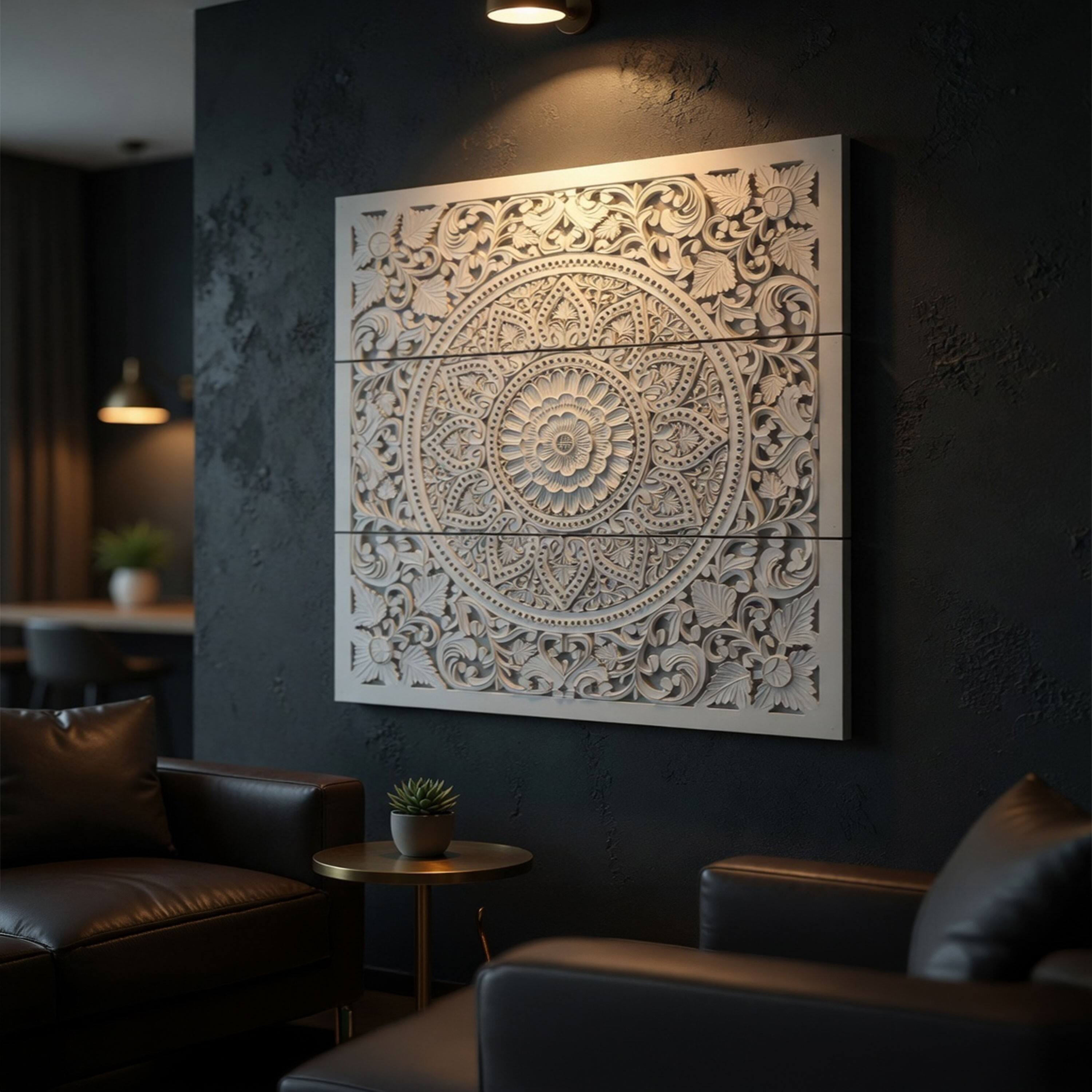 Alt View 8. Manhattan Lane - Josa 3pc Wood Wall Panel Set, Mandala Floral Carving, Antique White Finish, 48 Inch Square Decor - Antique White.